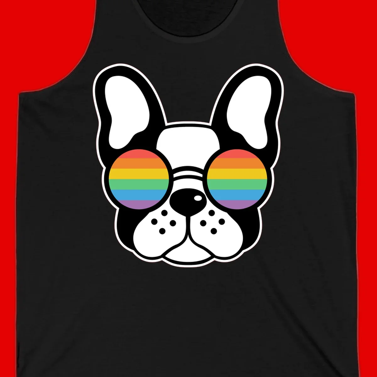 Black and white French Bulldog wearing round sunglasses with rainbow pride flag stripes in red, orange, yellow, green, blue, and purple.