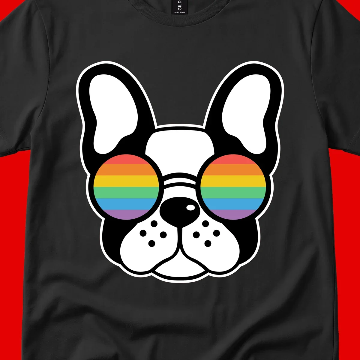 Black and white French Bulldog wearing round sunglasses with rainbow pride flag stripes in red, orange, yellow, green, blue, and purple.