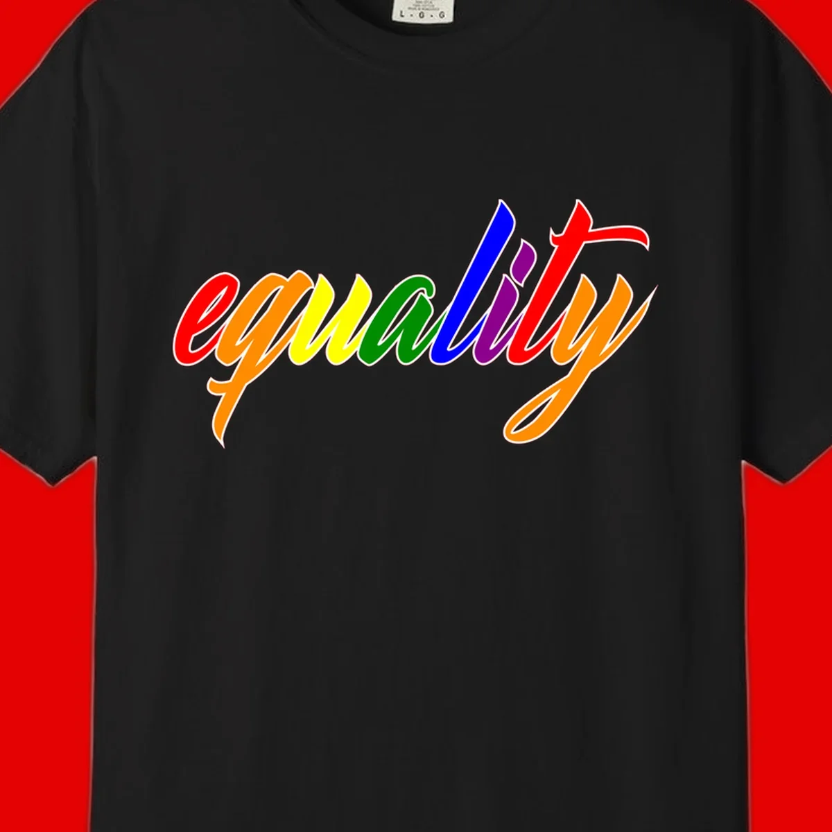 Colorful cursive word 'equality' with each letter in rainbow pride colors on gray background