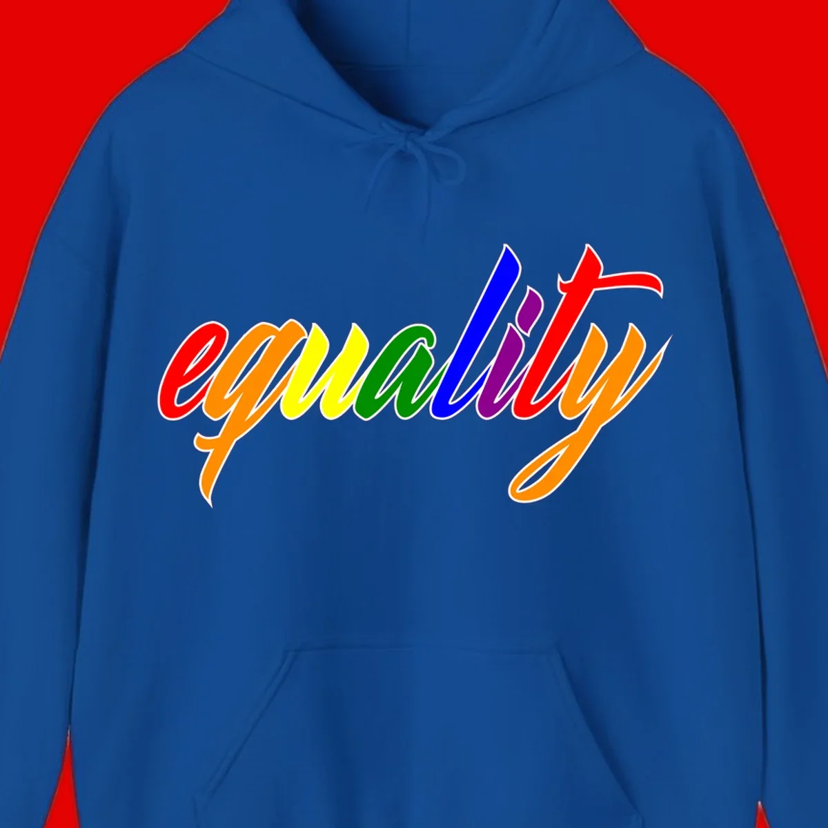 Colorful cursive word 'equality' with each letter in rainbow pride colors on gray background