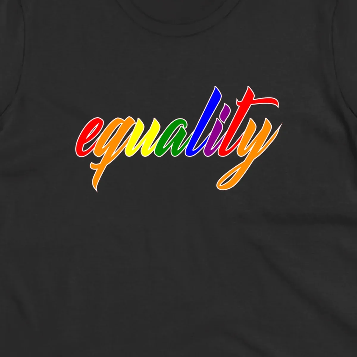 Colorful cursive word 'equality' with each letter in rainbow pride colors on gray background