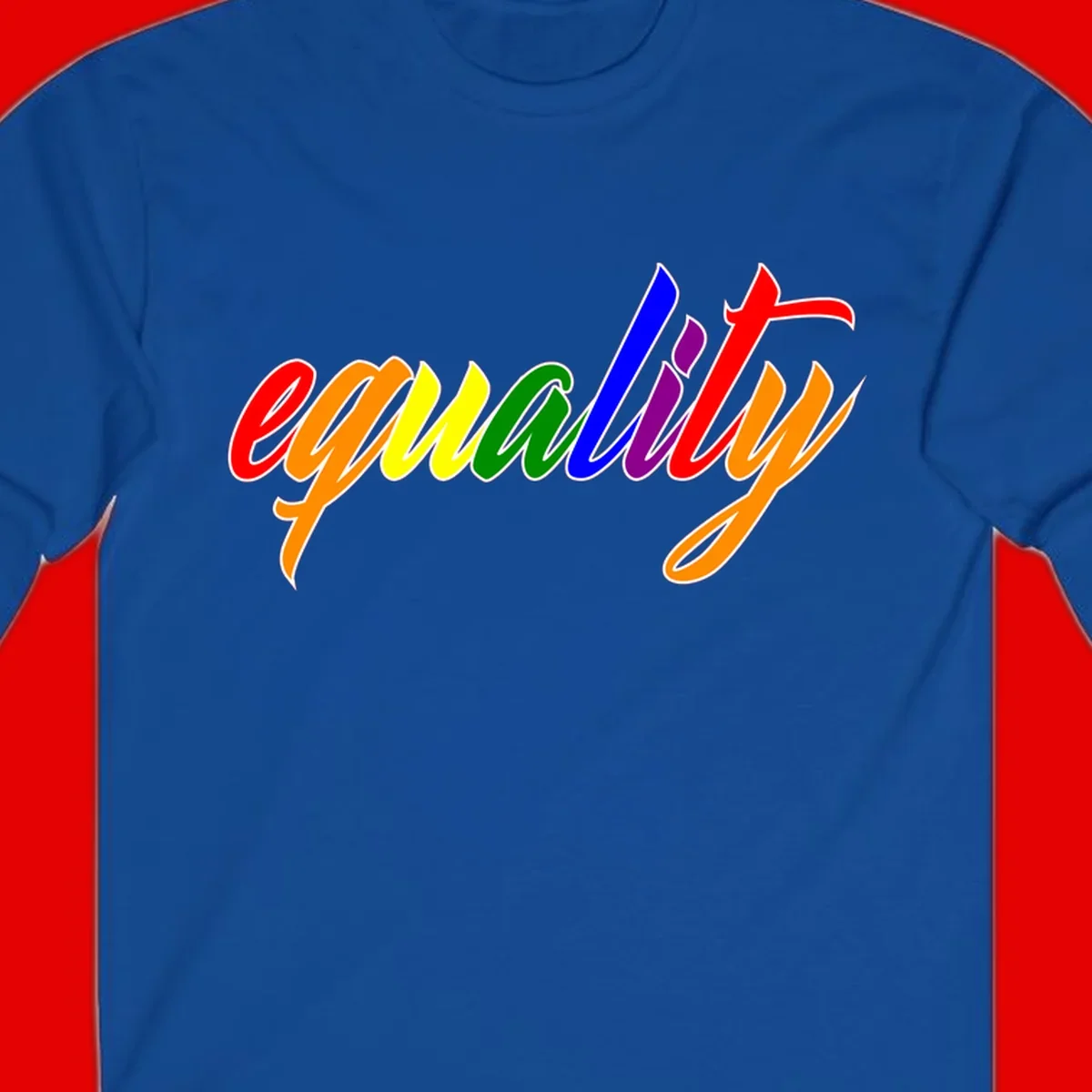 Colorful cursive word 'equality' with each letter in rainbow pride colors on gray background