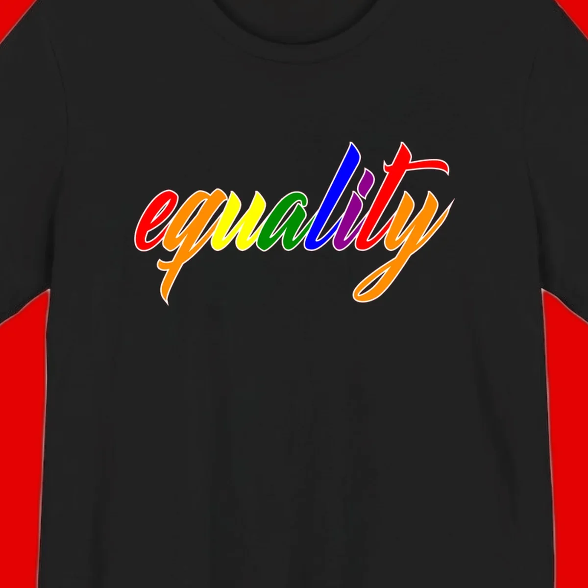 Colorful cursive word 'equality' with each letter in rainbow pride colors on gray background