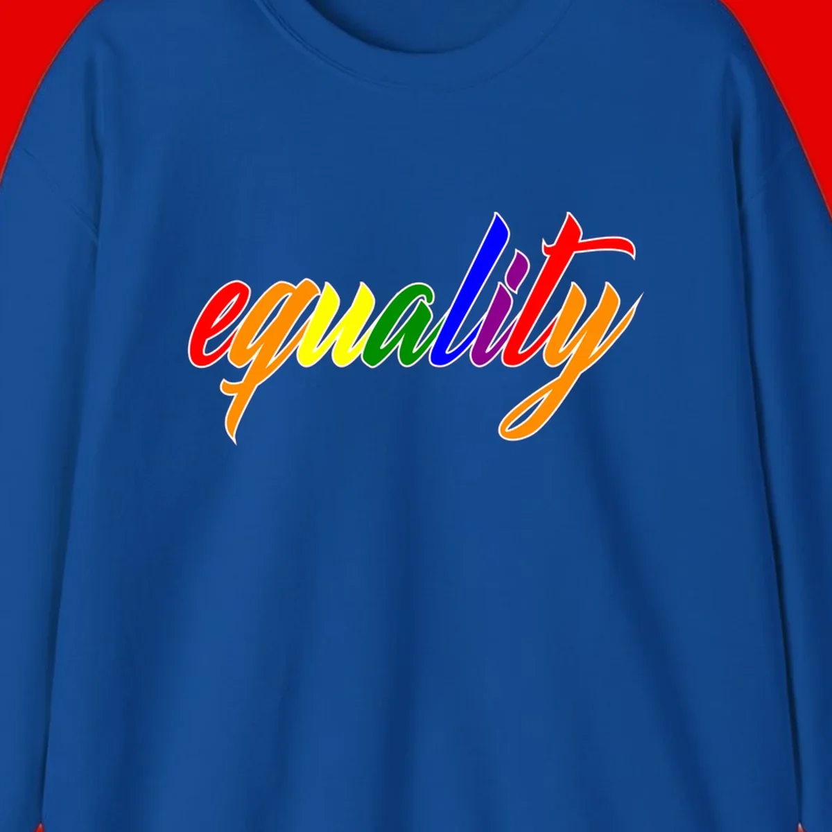 Colorful cursive word 'equality' with each letter in rainbow pride colors on gray background