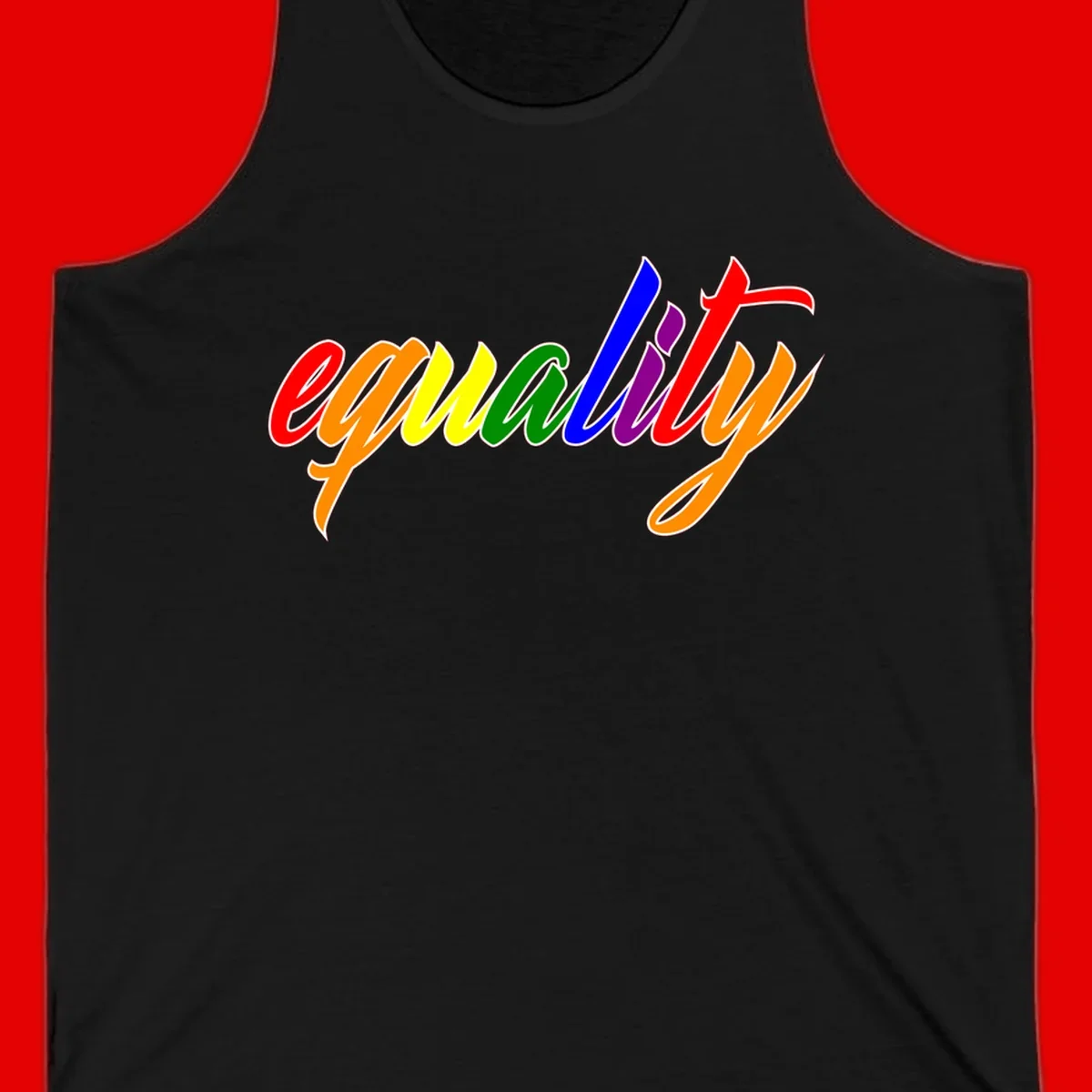 Colorful cursive word 'equality' with each letter in rainbow pride colors on gray background