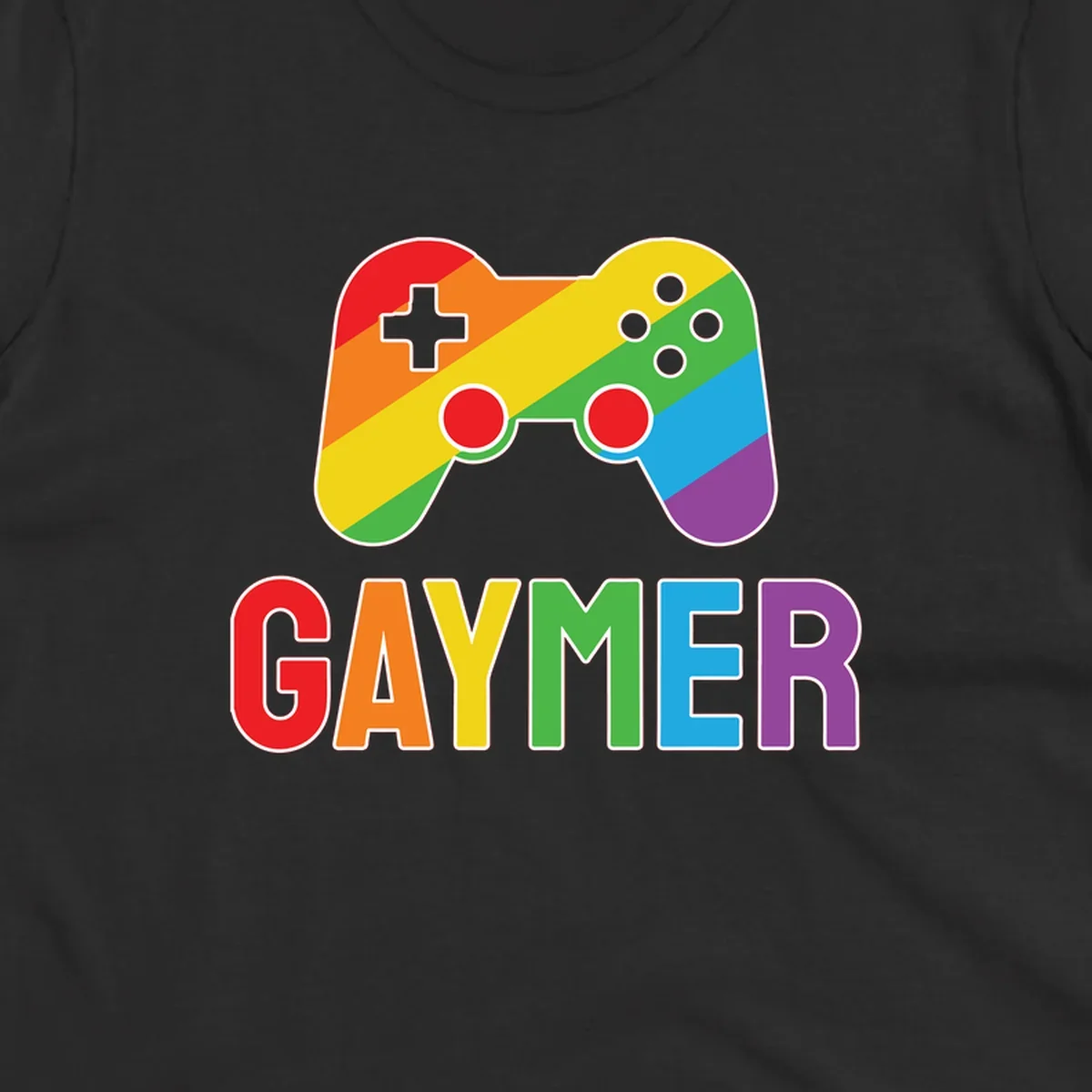 Rainbow gradient game controller with multicolored GAMER text below, featuring pride colors in diagonal stripes