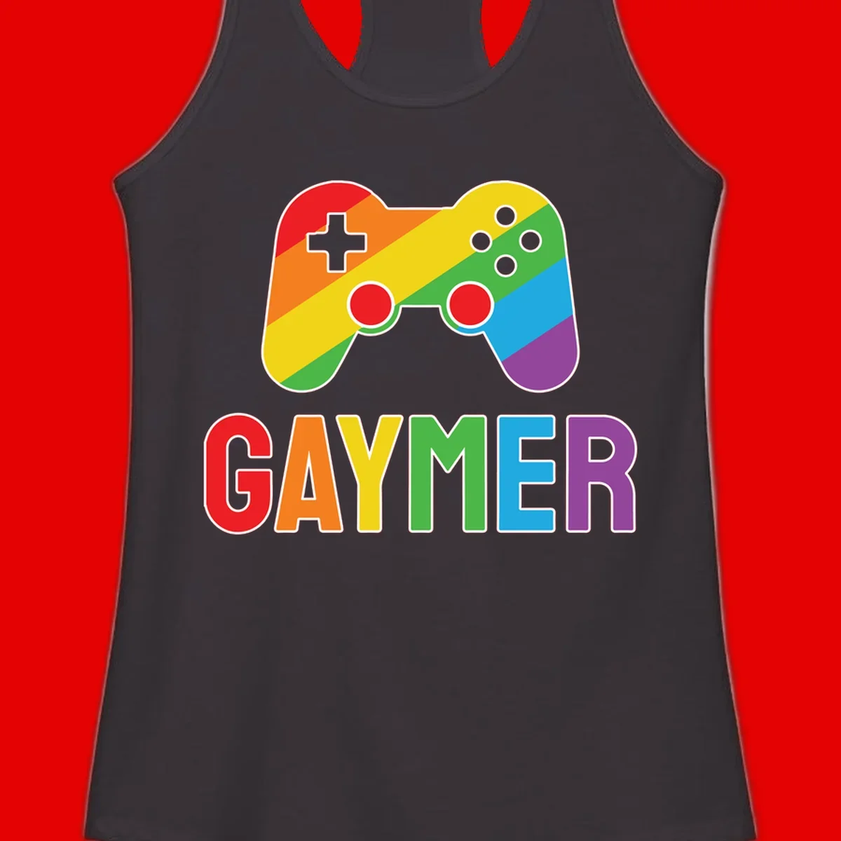 Rainbow gradient game controller with multicolored GAMER text below, featuring pride colors in diagonal stripes