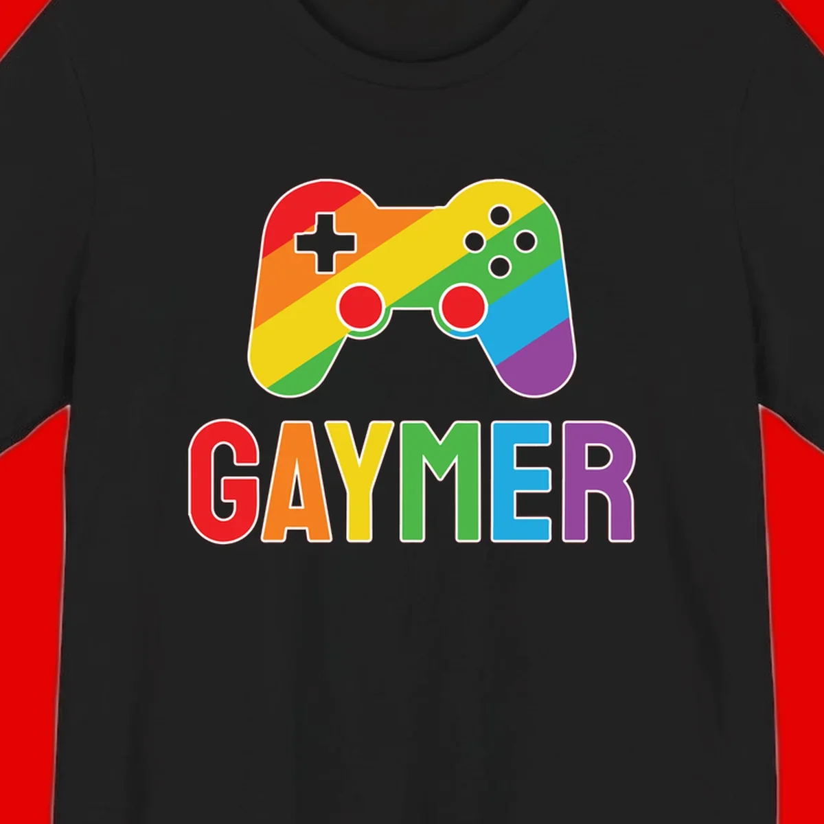 Rainbow gradient game controller with multicolored GAMER text below, featuring pride colors in diagonal stripes