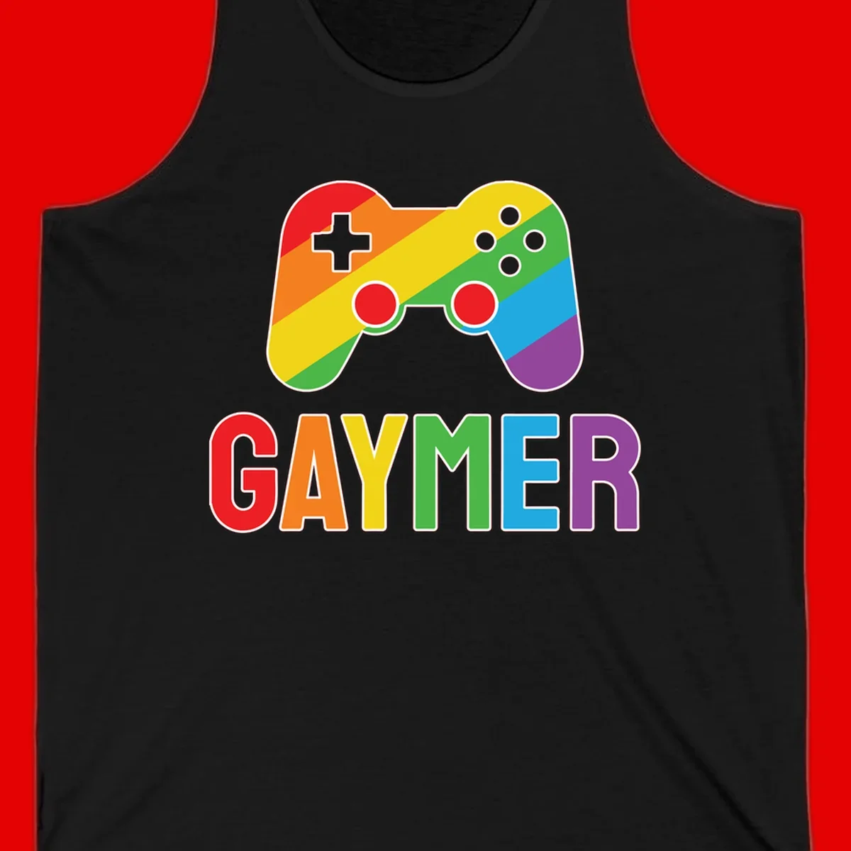 Rainbow gradient game controller with multicolored GAMER text below, featuring pride colors in diagonal stripes