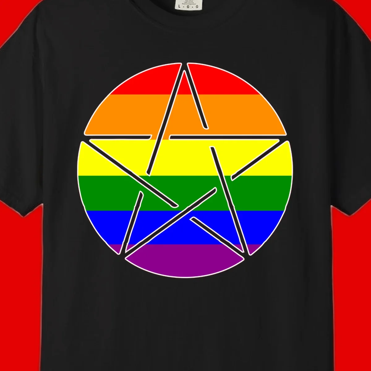 Five-pointed star with gray outline centered in circle with horizontal rainbow pride flag stripes in red, orange, yellow, green, blue, and purple.