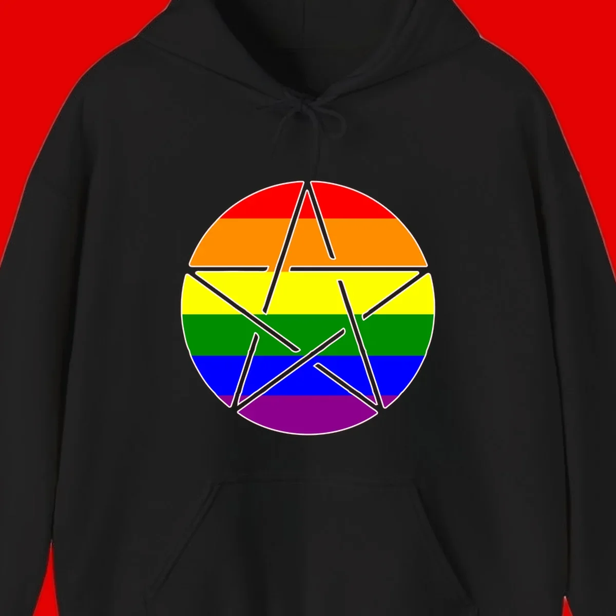 Five-pointed star with gray outline centered in circle with horizontal rainbow pride flag stripes in red, orange, yellow, green, blue, and purple.