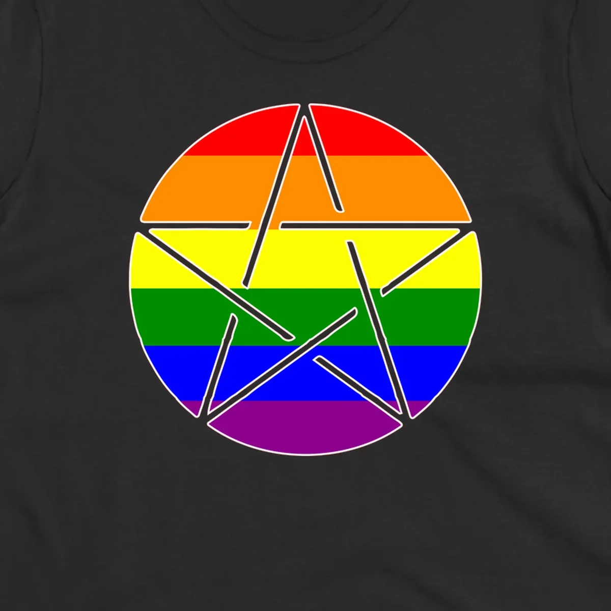 Five-pointed star with gray outline centered in circle with horizontal rainbow pride flag stripes in red, orange, yellow, green, blue, and purple.