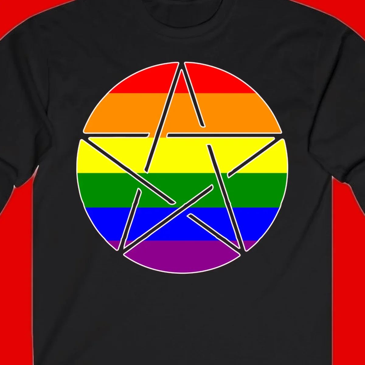 Five-pointed star with gray outline centered in circle with horizontal rainbow pride flag stripes in red, orange, yellow, green, blue, and purple.