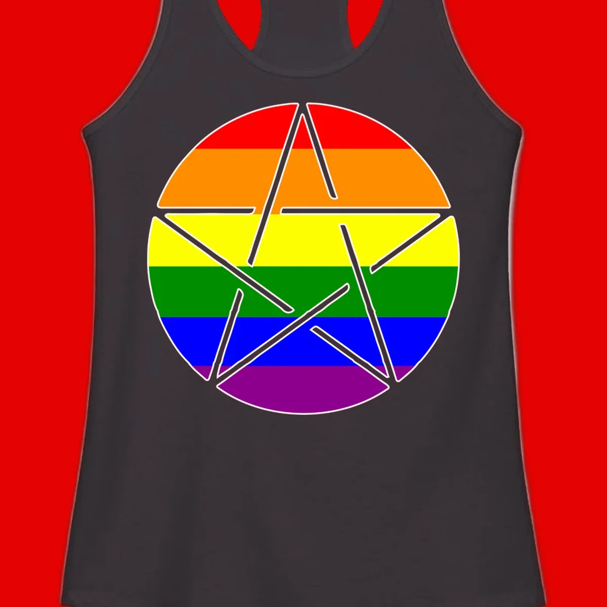 Five-pointed star with gray outline centered in circle with horizontal rainbow pride flag stripes in red, orange, yellow, green, blue, and purple.