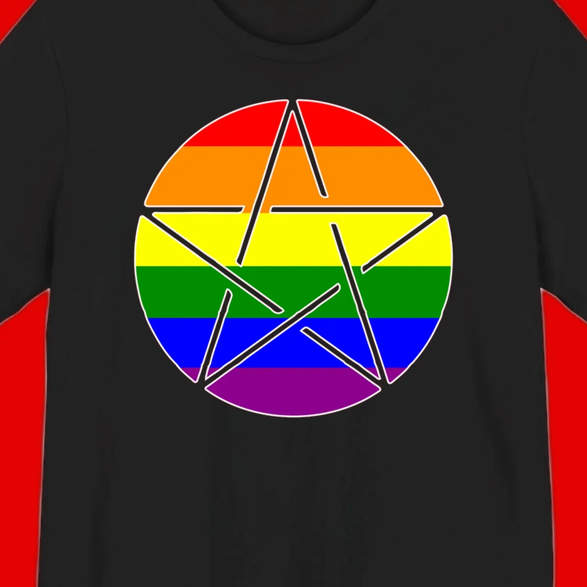 Five-pointed star with gray outline centered in circle with horizontal rainbow pride flag stripes in red, orange, yellow, green, blue, and purple.