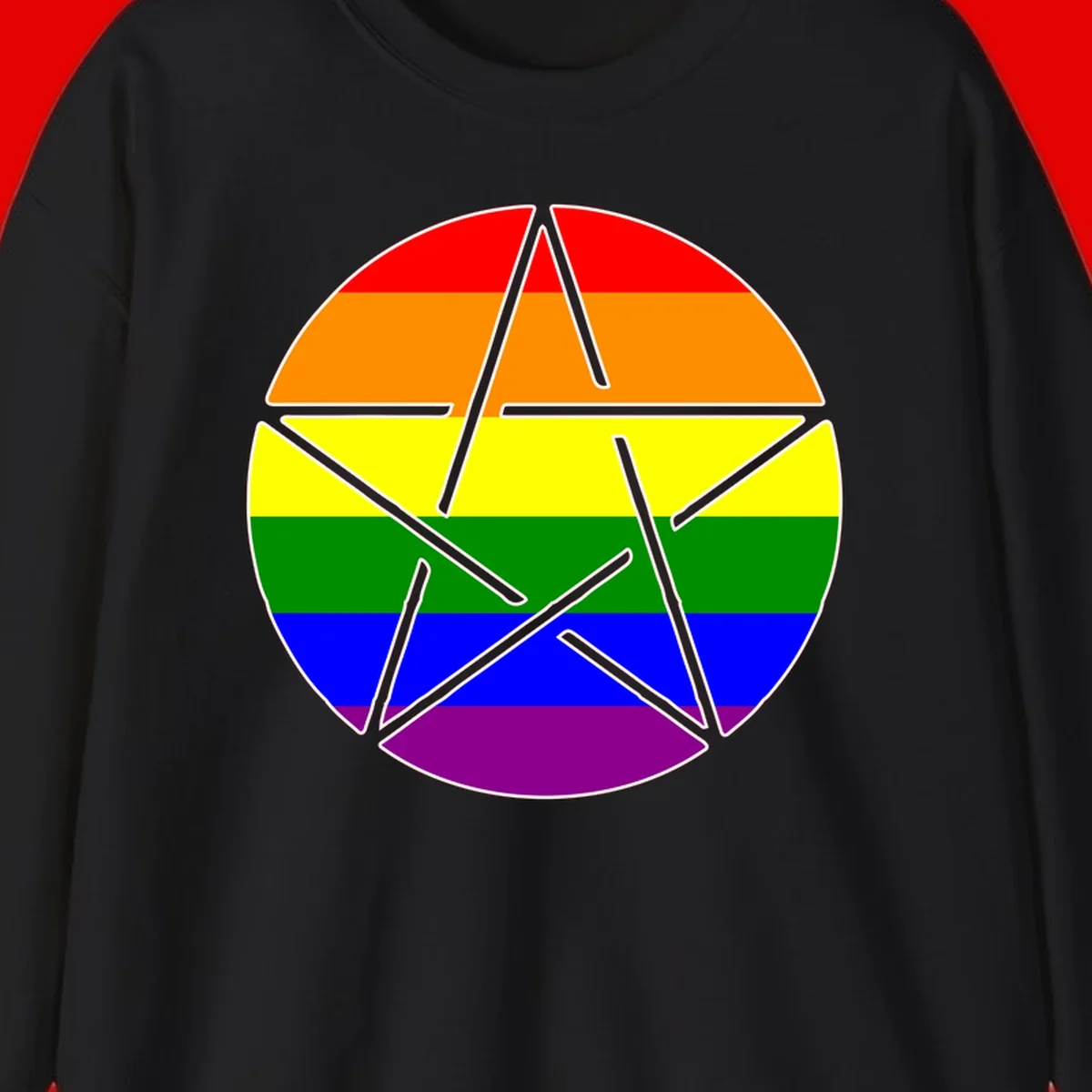 Five-pointed star with gray outline centered in circle with horizontal rainbow pride flag stripes in red, orange, yellow, green, blue, and purple.