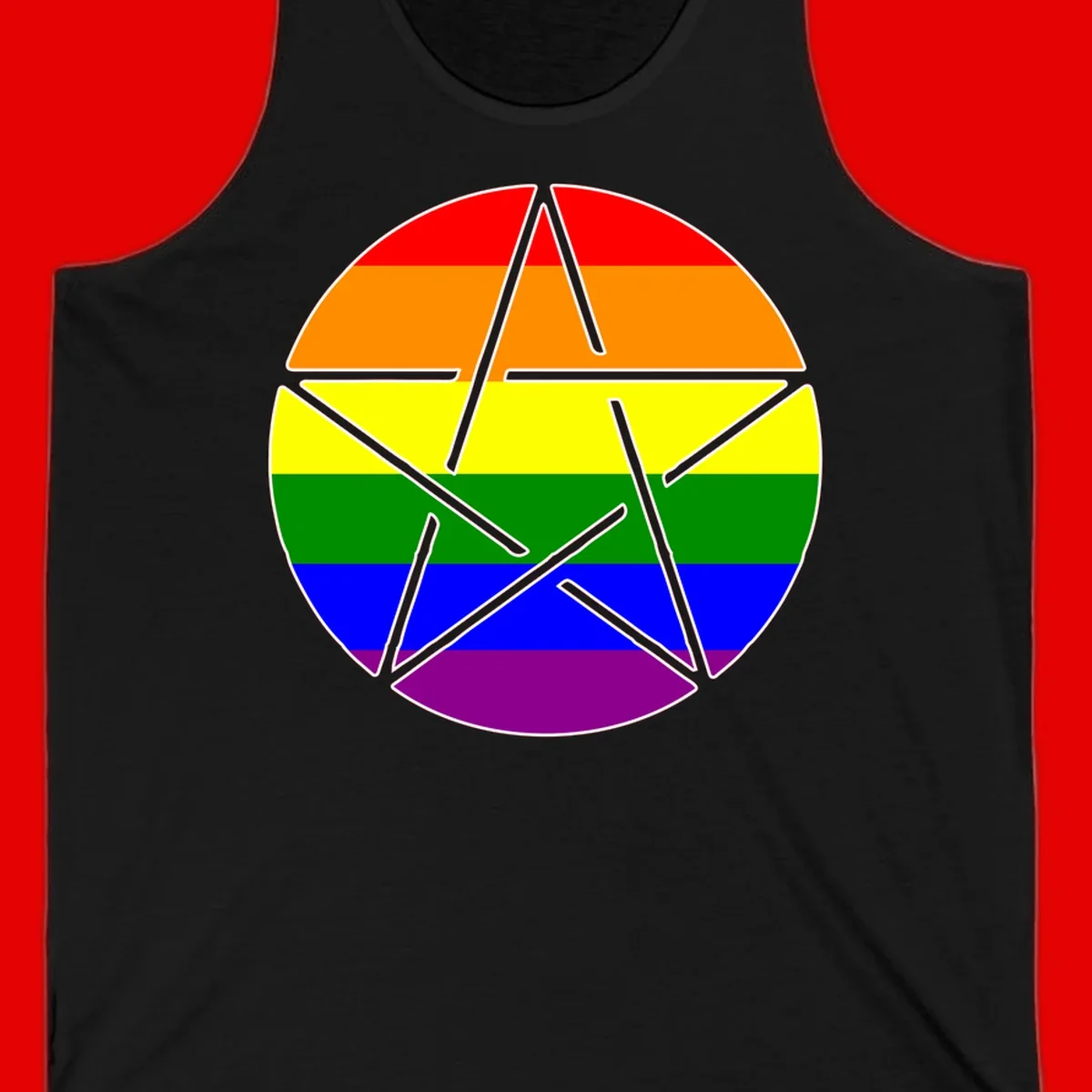Five-pointed star with gray outline centered in circle with horizontal rainbow pride flag stripes in red, orange, yellow, green, blue, and purple.