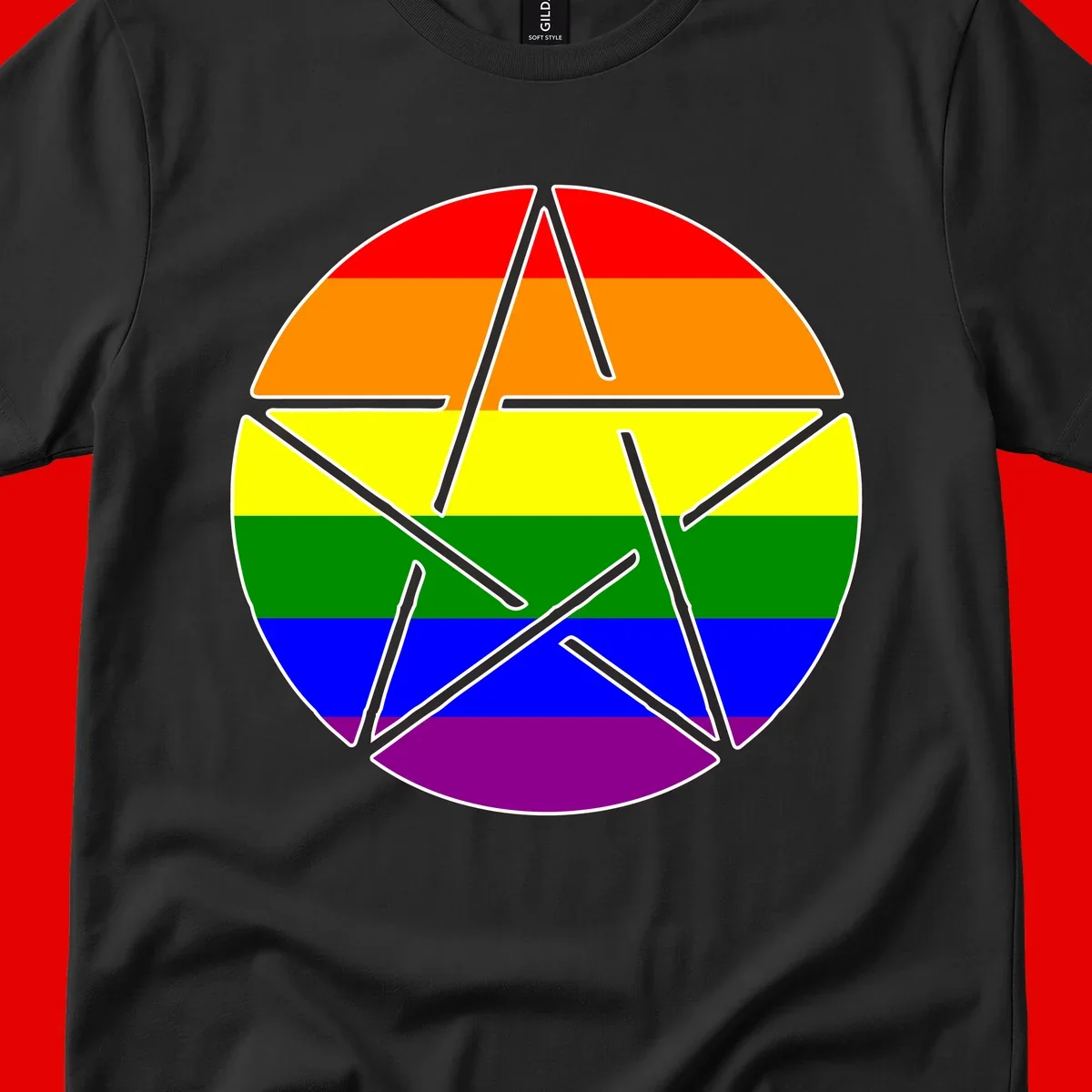 Five-pointed star with gray outline centered in circle with horizontal rainbow pride flag stripes in red, orange, yellow, green, blue, and purple.