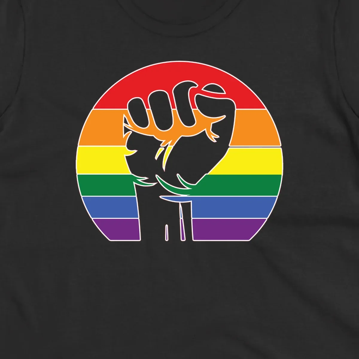Gray dachshund with elongated body stretching across circular rainbow pride flag stripes in red, orange, yellow, green, blue, and purple
