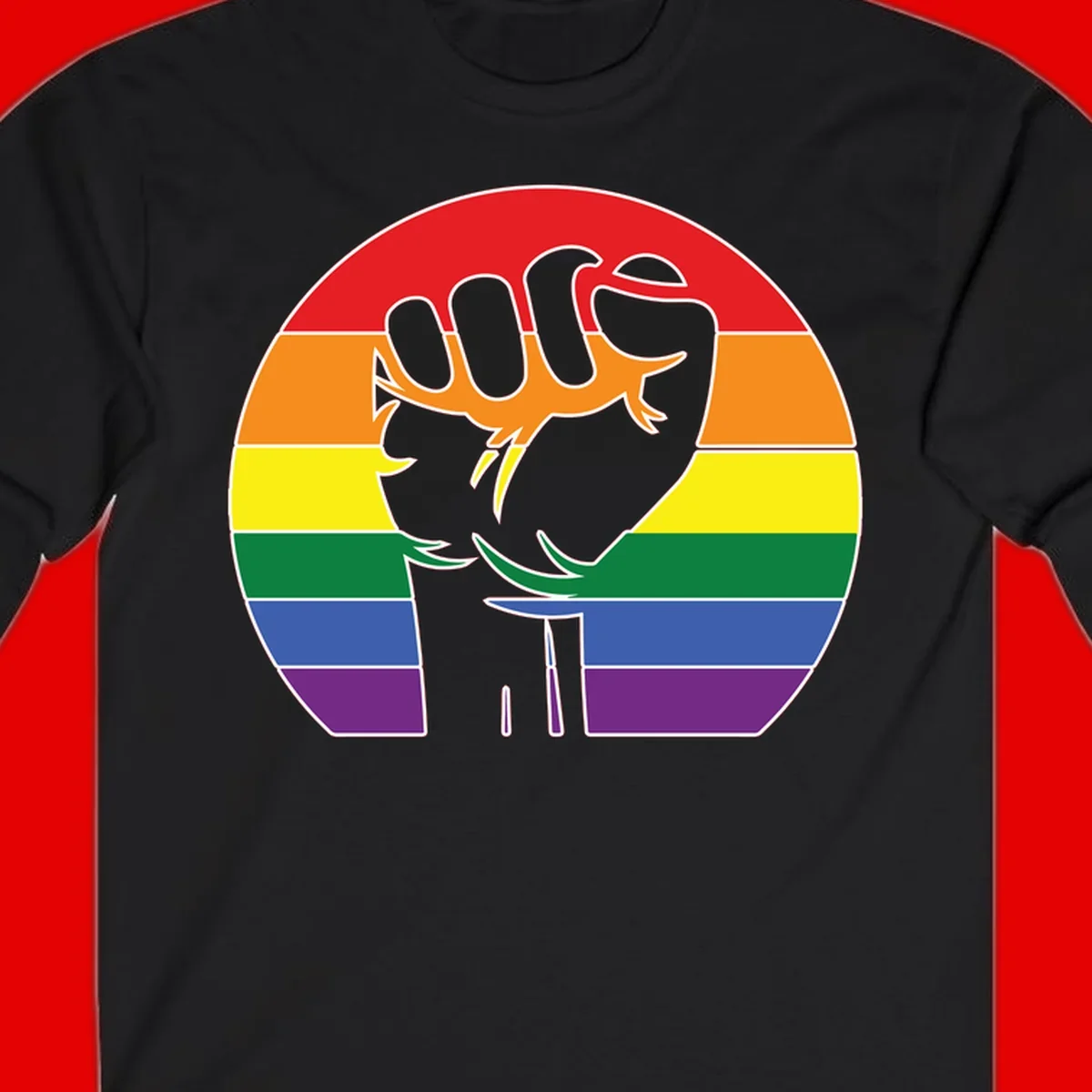 Gray dachshund with elongated body stretching across circular rainbow pride flag stripes in red, orange, yellow, green, blue, and purple