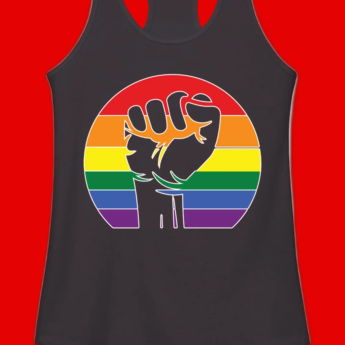 Gray dachshund with elongated body stretching across circular rainbow pride flag stripes in red, orange, yellow, green, blue, and purple