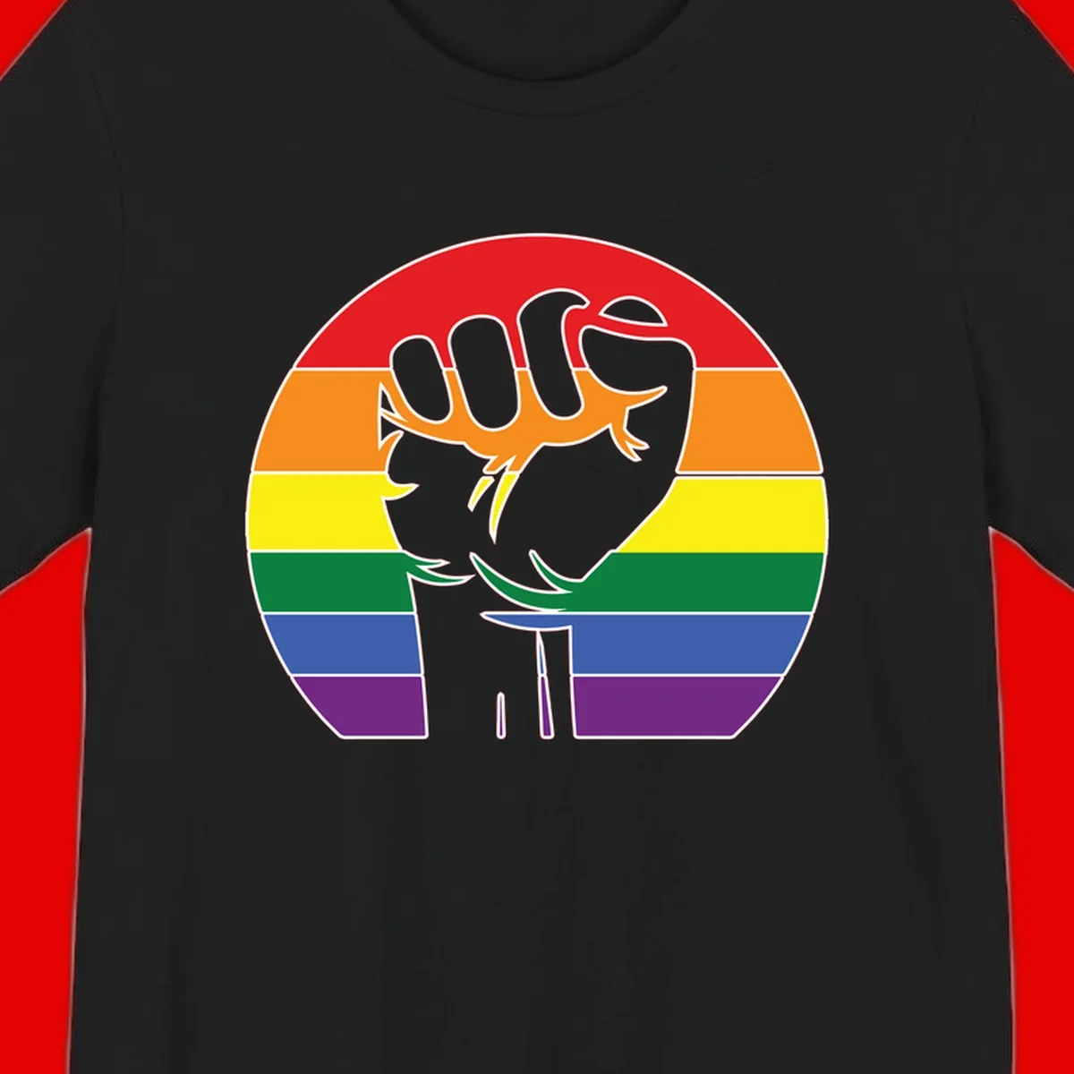 Gray dachshund with elongated body stretching across circular rainbow pride flag stripes in red, orange, yellow, green, blue, and purple