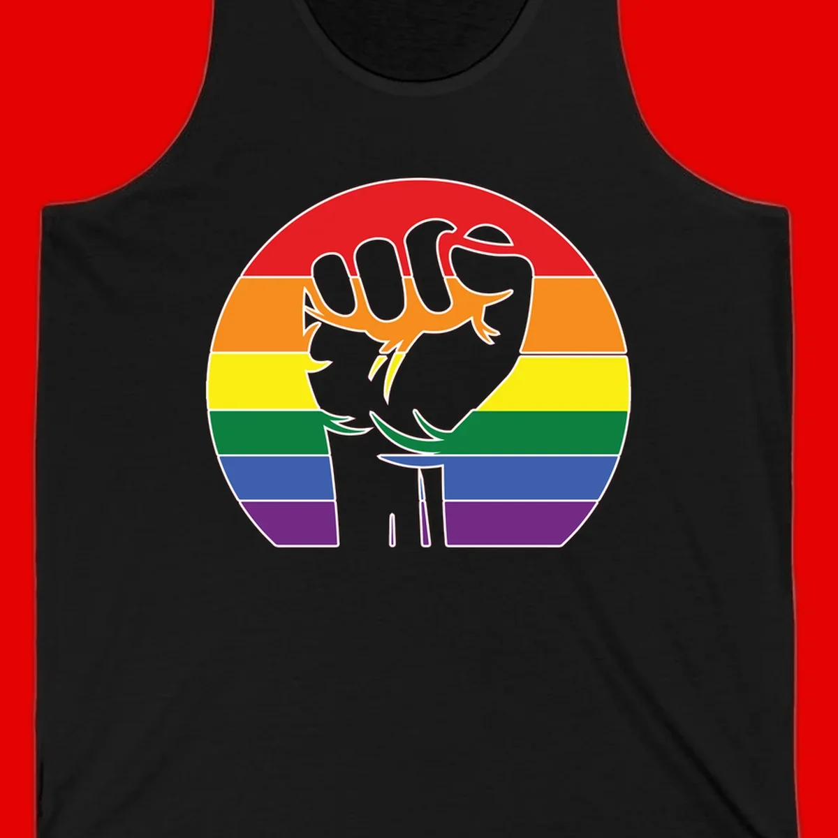 Gray dachshund with elongated body stretching across circular rainbow pride flag stripes in red, orange, yellow, green, blue, and purple