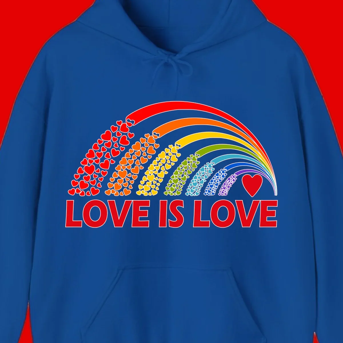 Rainbow arcs filled with colorful hearts in red, orange, yellow, green, cyan, blue, and purple, with 'LOVE IS LOVE' text below