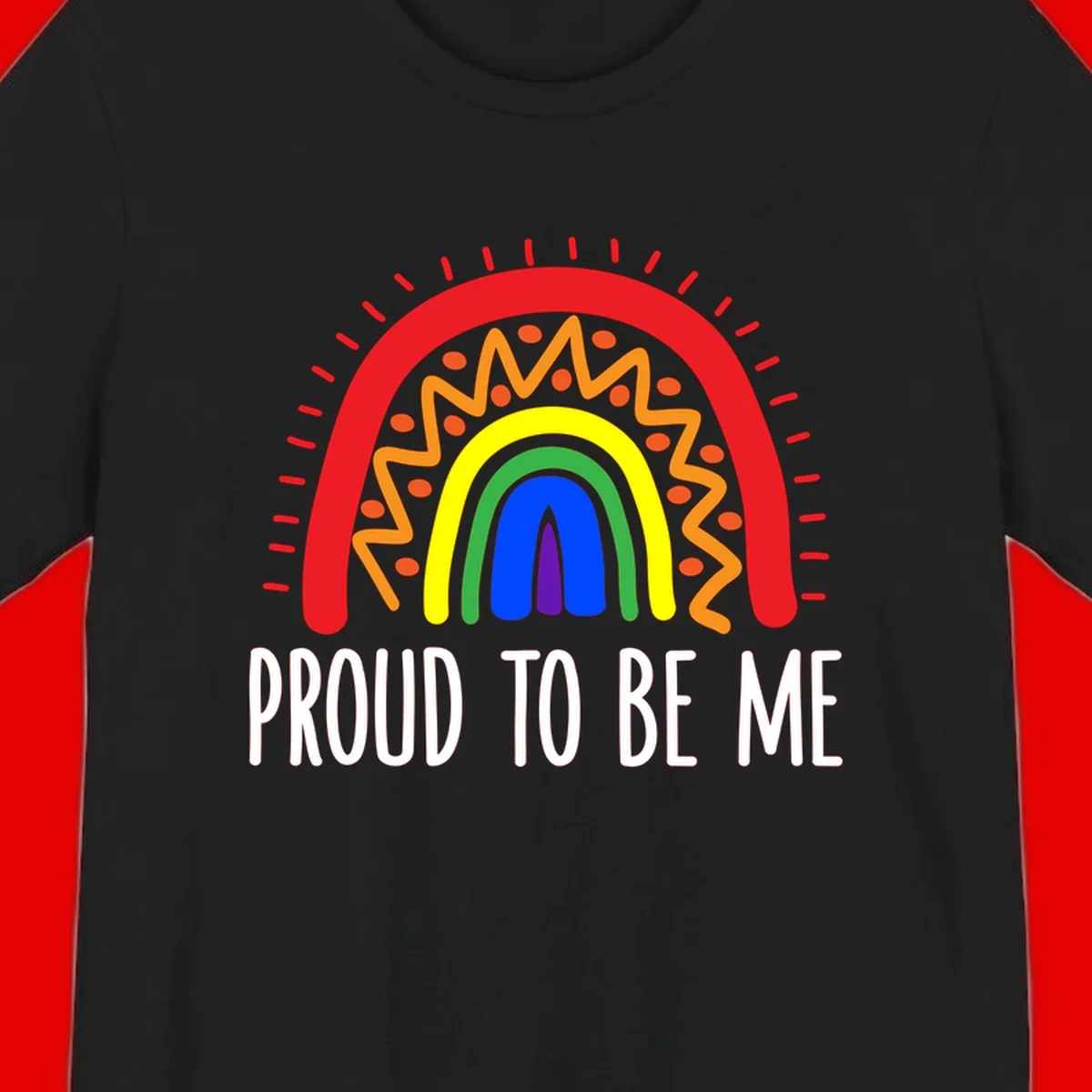 Colorful concentric rainbow arcs with radiating lines and zigzag patterns surrounding text that reads 'Proud To Be Me'