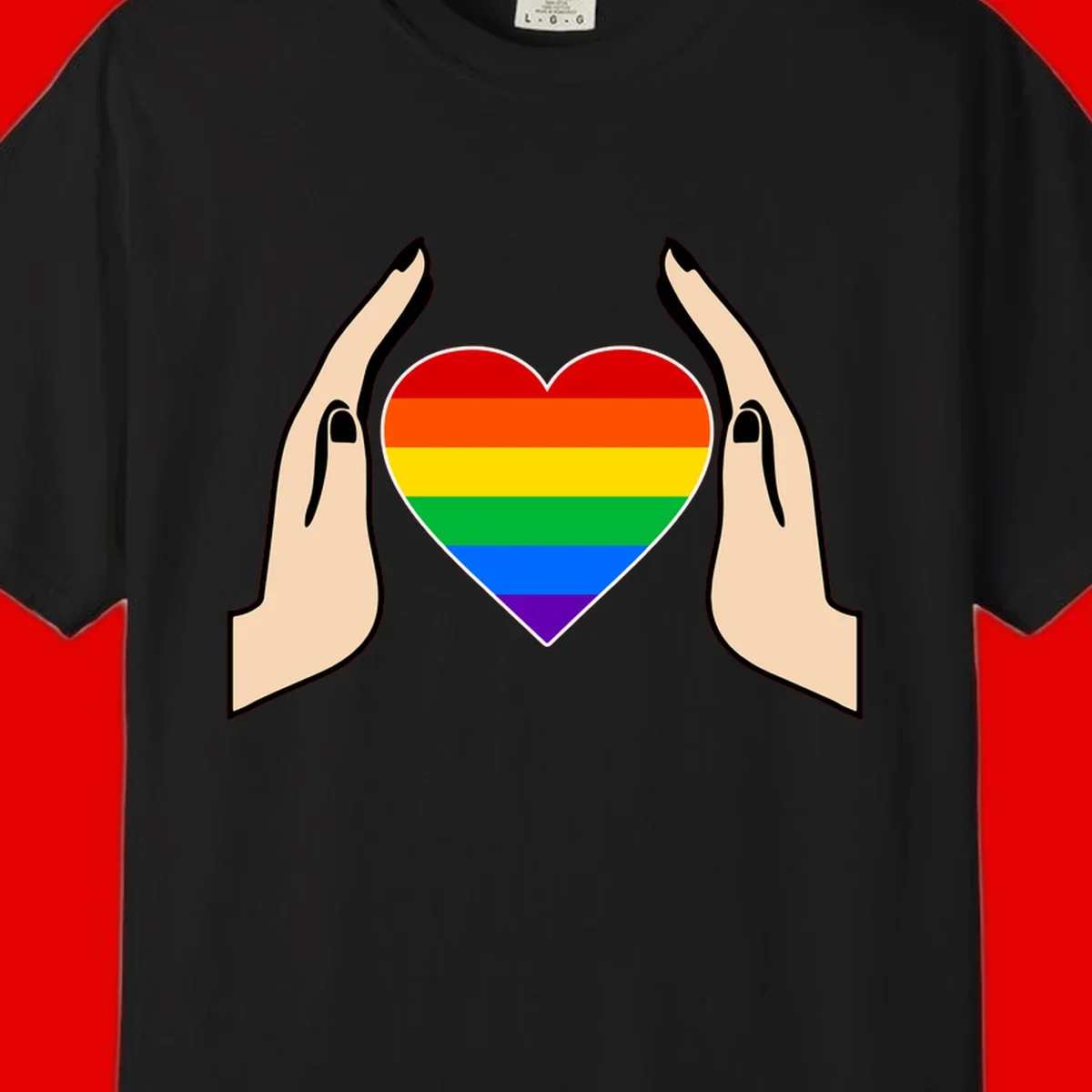 Two hands protectively frame a rainbow-striped heart symbol representing LGBTQ+ pride and community support