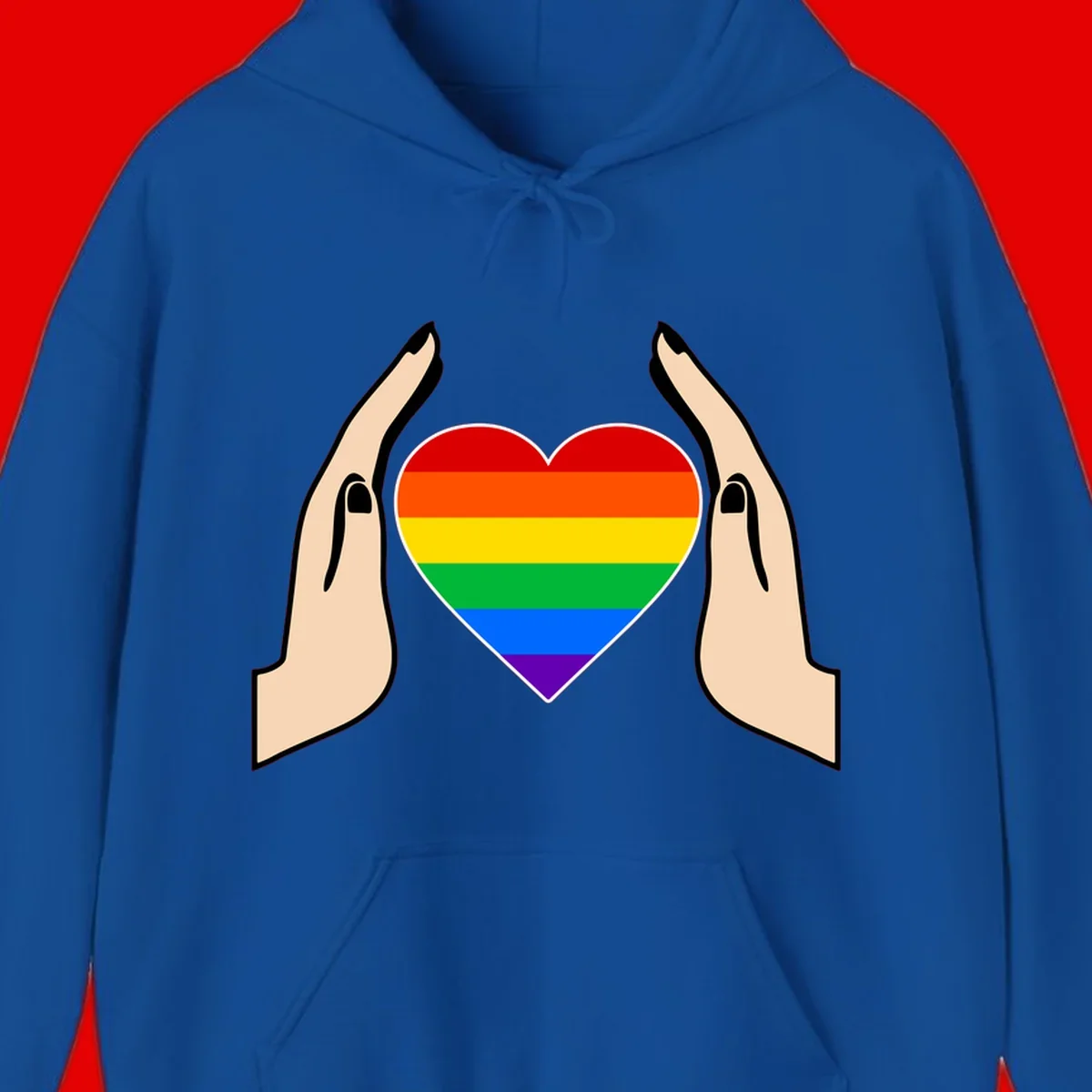 Two hands protectively frame a rainbow-striped heart symbol representing LGBTQ+ pride and community support