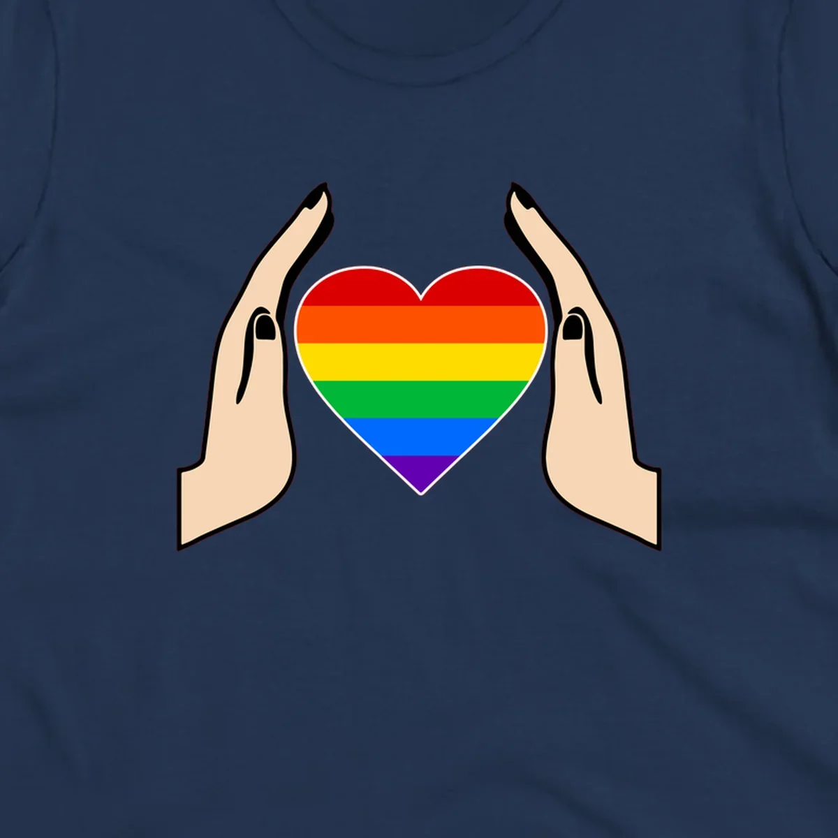 Two hands protectively frame a rainbow-striped heart symbol representing LGBTQ+ pride and community support