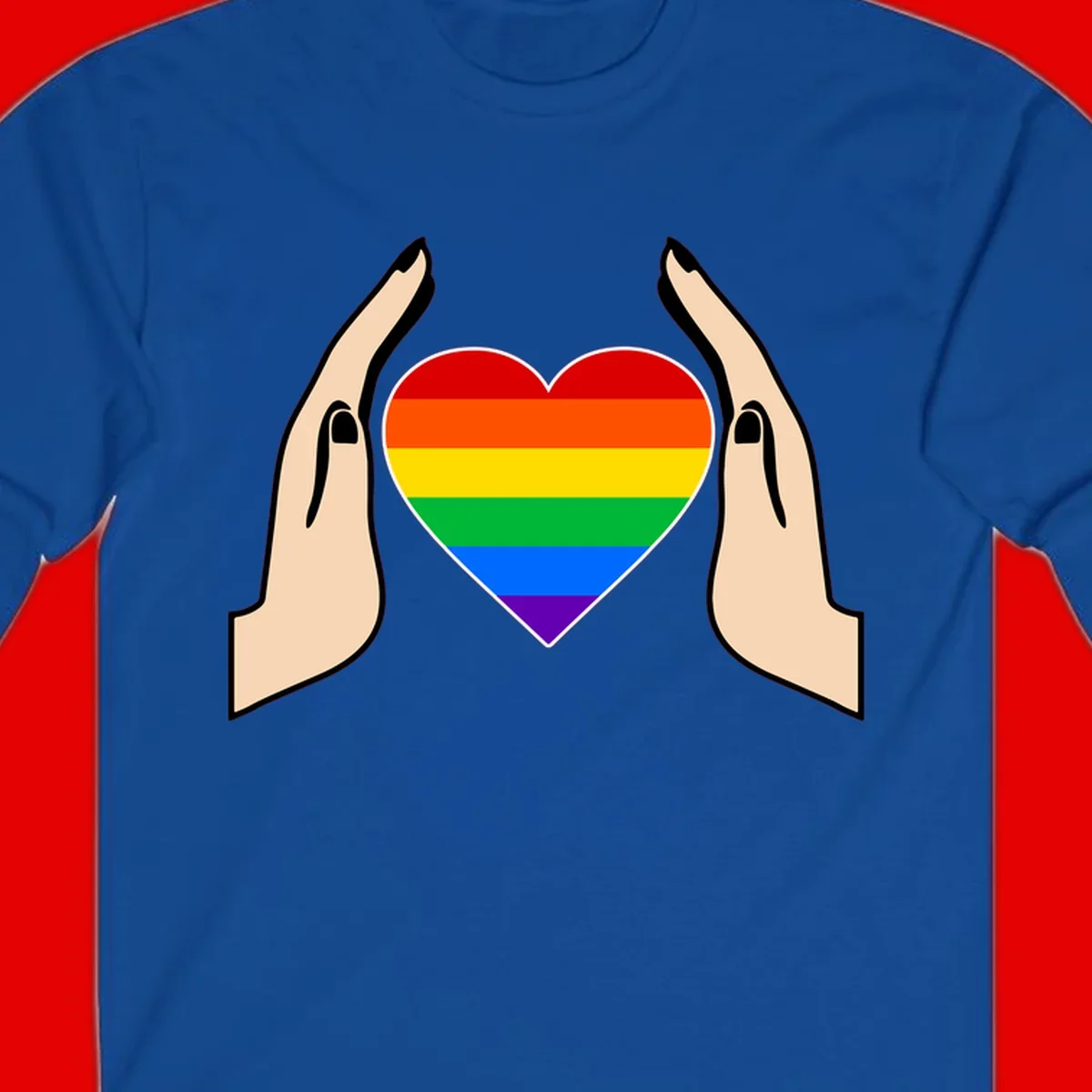 Two hands protectively frame a rainbow-striped heart symbol representing LGBTQ+ pride and community support