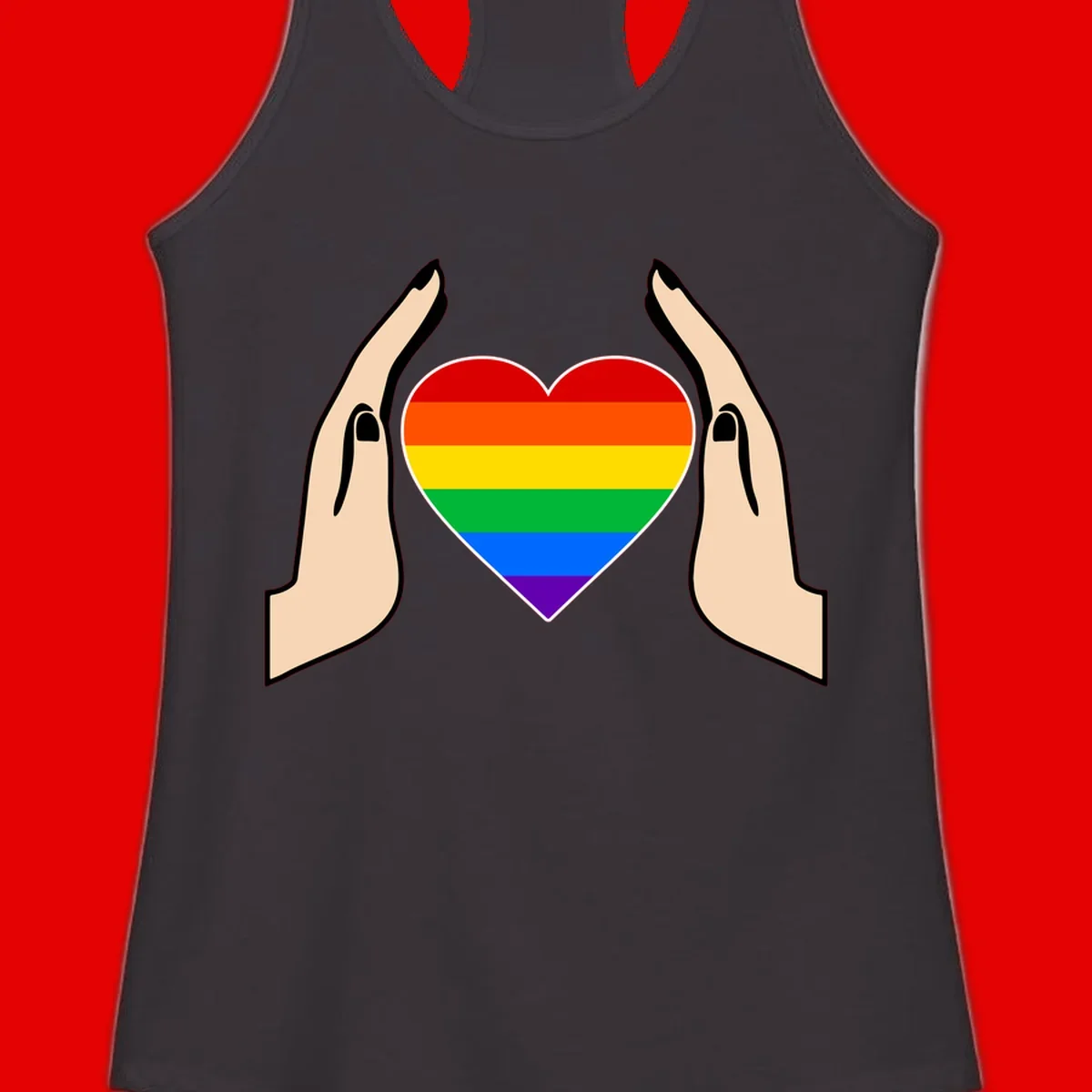 Two hands protectively frame a rainbow-striped heart symbol representing LGBTQ+ pride and community support
