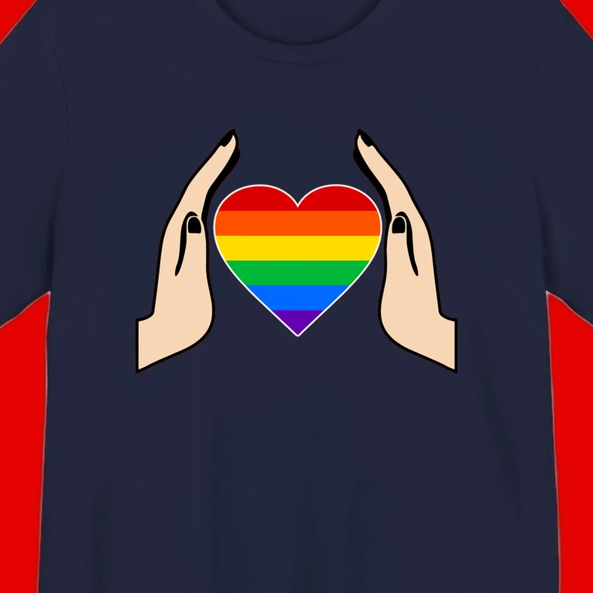 Two hands protectively frame a rainbow-striped heart symbol representing LGBTQ+ pride and community support