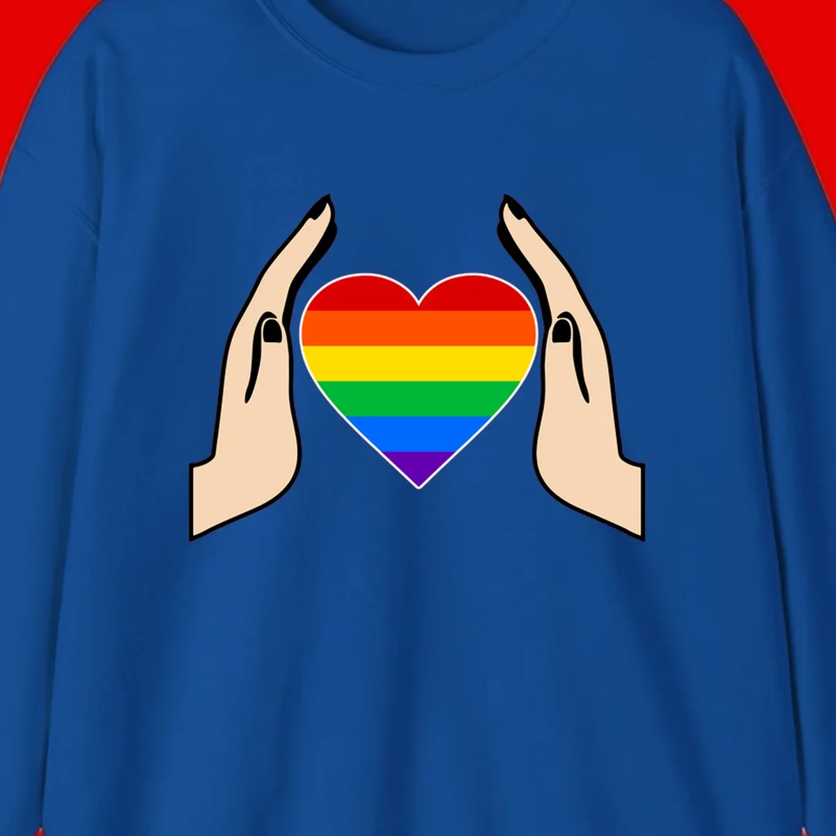 Two hands protectively frame a rainbow-striped heart symbol representing LGBTQ+ pride and community support