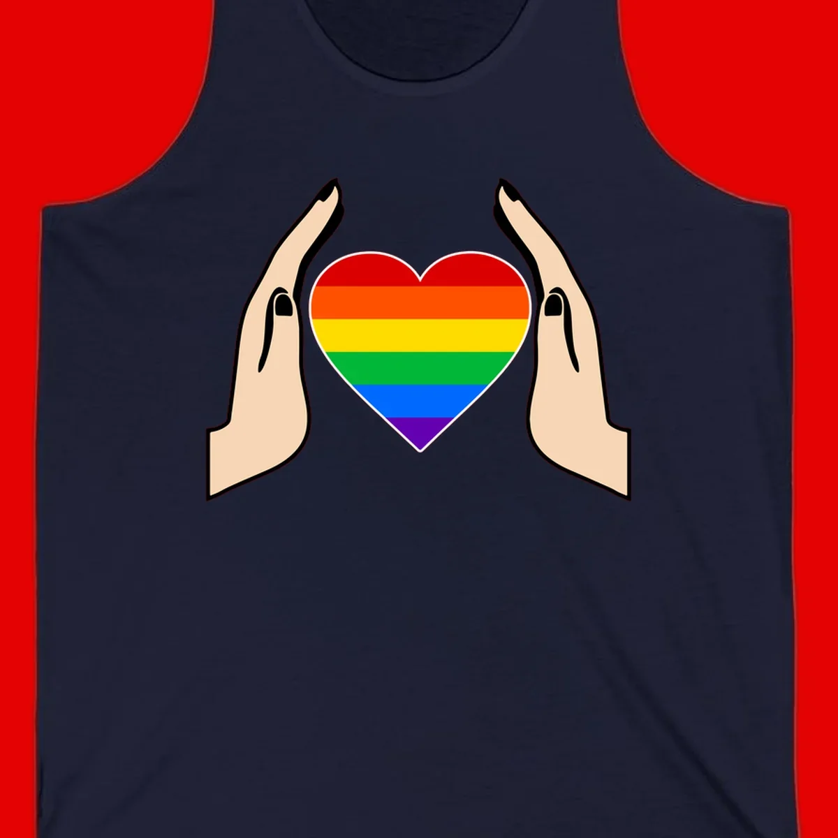 Two hands protectively frame a rainbow-striped heart symbol representing LGBTQ+ pride and community support