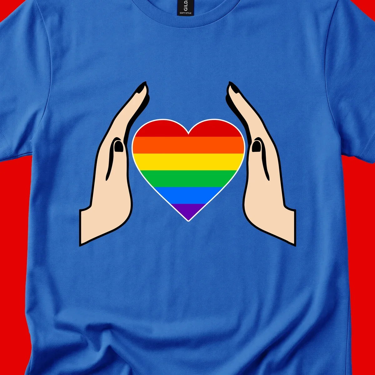 Two hands protectively frame a rainbow-striped heart symbol representing LGBTQ+ pride and community support