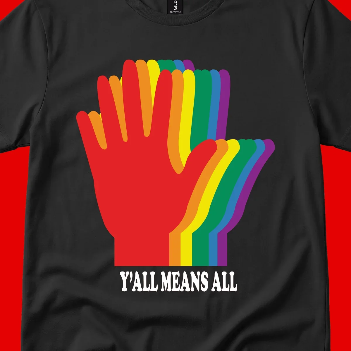 Rainbow-striped raised hand silhouette with 'Y'All Means All' text promoting inclusivity and pride