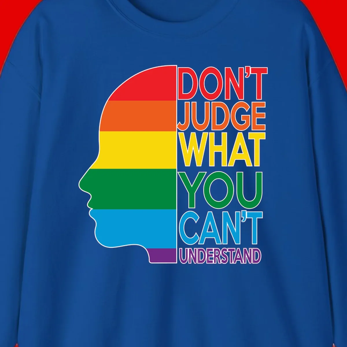Rainbow-striped head silhouette with text 'Don't Judge What You Can't Understand' promoting LGBTQ acceptance and inclusion
