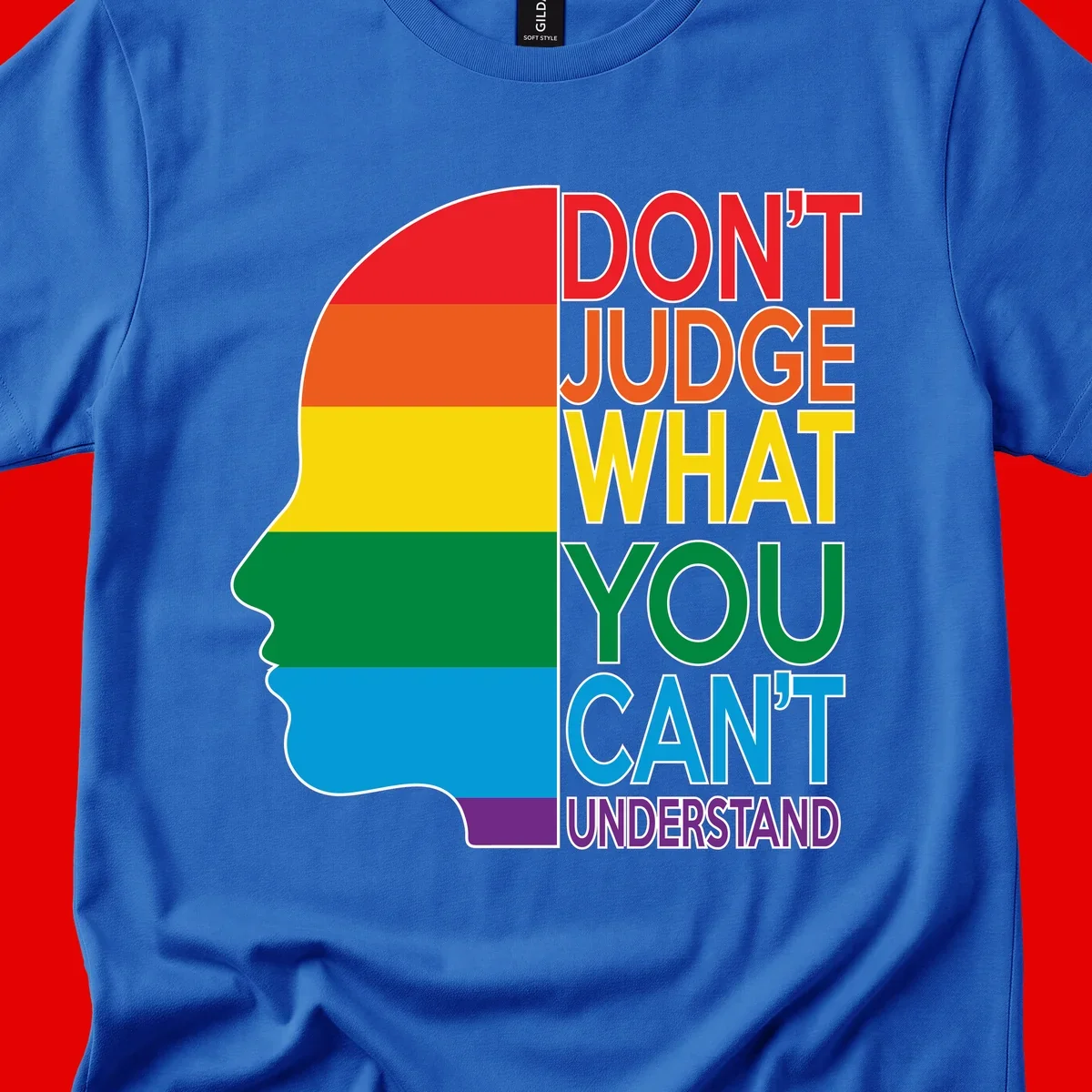 Rainbow-striped head silhouette with text 'Don't Judge What You Can't Understand' promoting LGBTQ acceptance and inclusion
