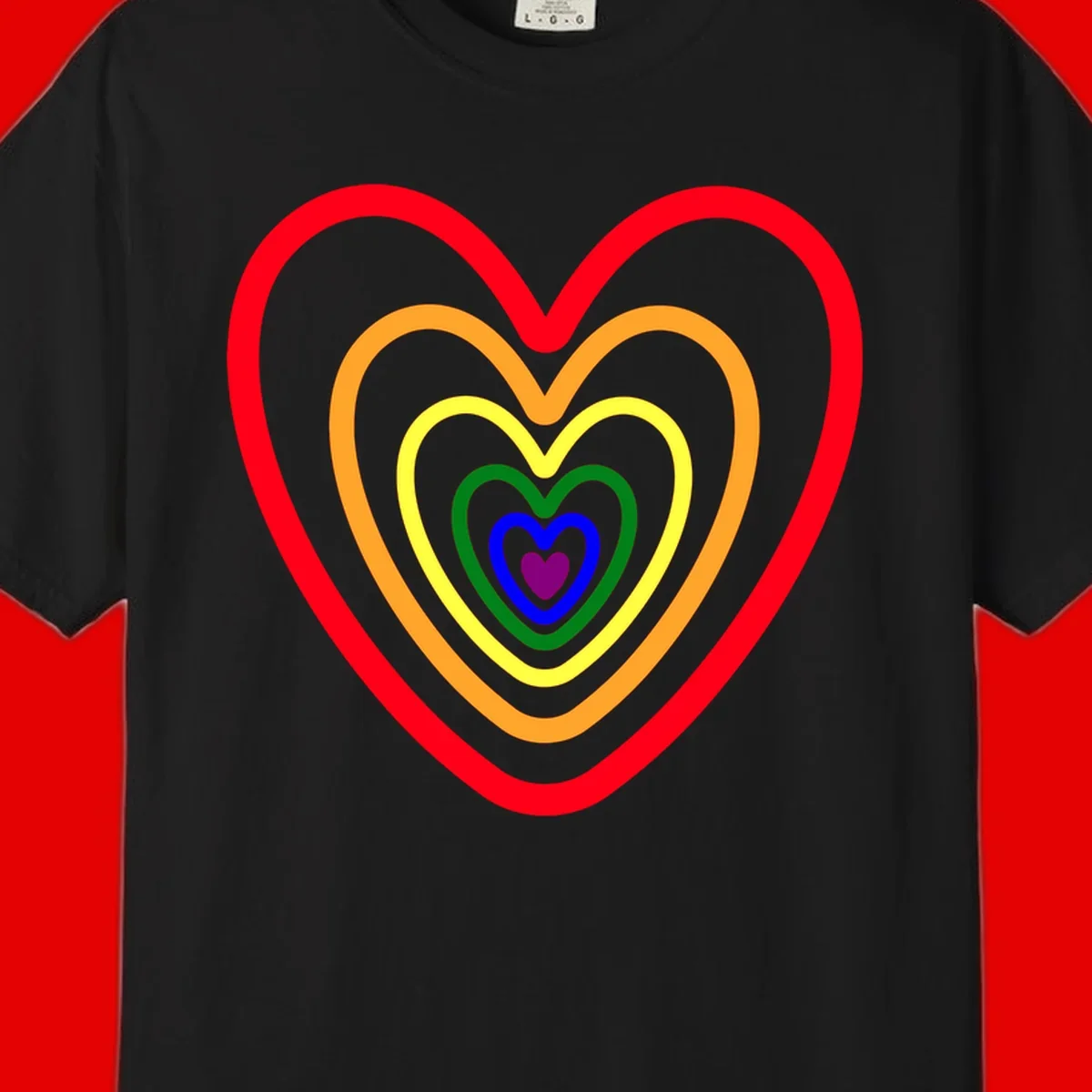 Five nested rainbow heart outlines in red, orange, yellow, green, blue, and purple with a solid purple center heart on gray background