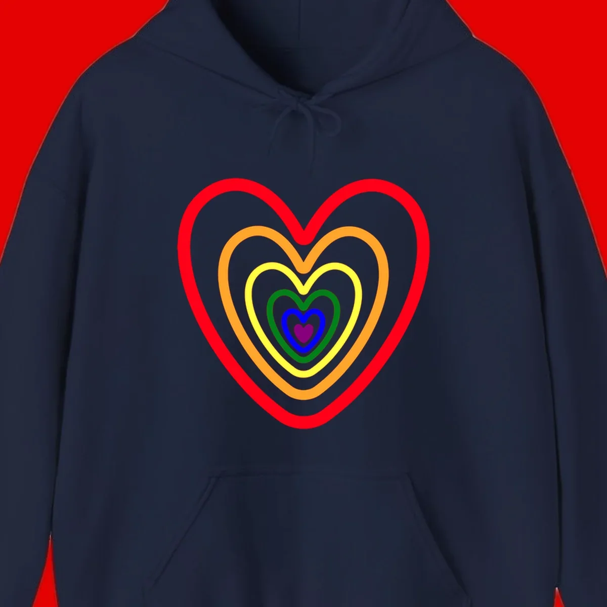 Five nested rainbow heart outlines in red, orange, yellow, green, blue, and purple with a solid purple center heart on gray background