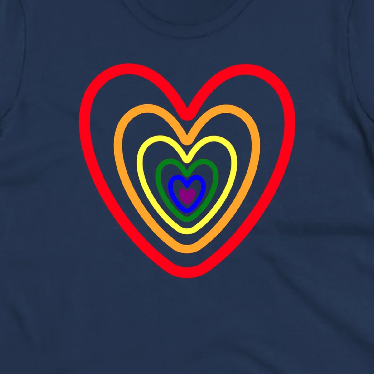 Five nested rainbow heart outlines in red, orange, yellow, green, blue, and purple with a solid purple center heart on gray background