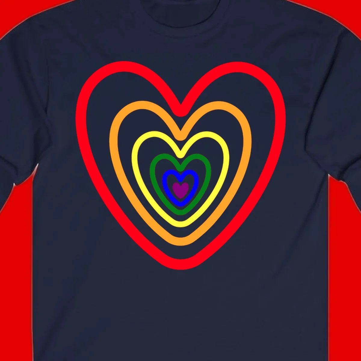 Five nested rainbow heart outlines in red, orange, yellow, green, blue, and purple with a solid purple center heart on gray background