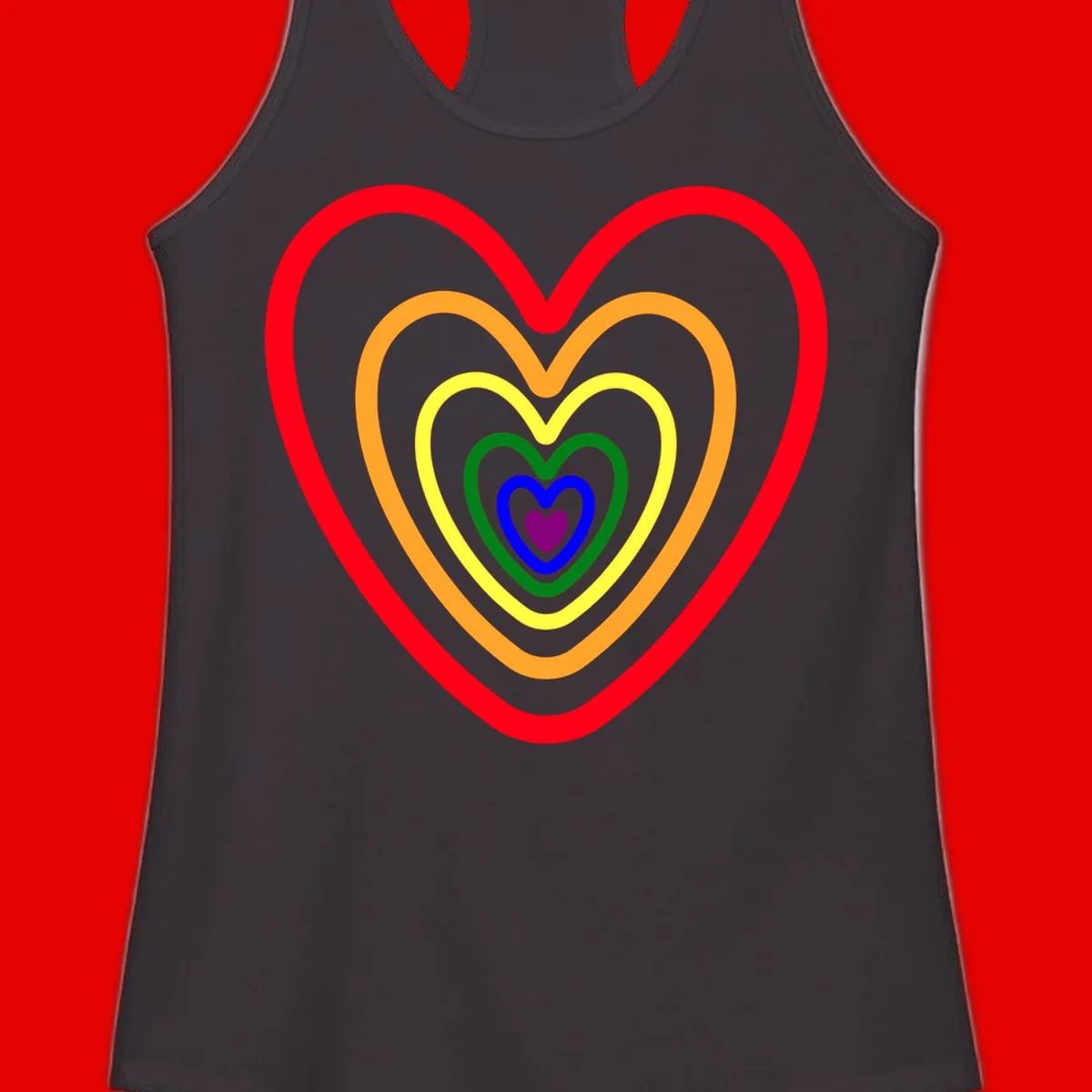 Five nested rainbow heart outlines in red, orange, yellow, green, blue, and purple with a solid purple center heart on gray background