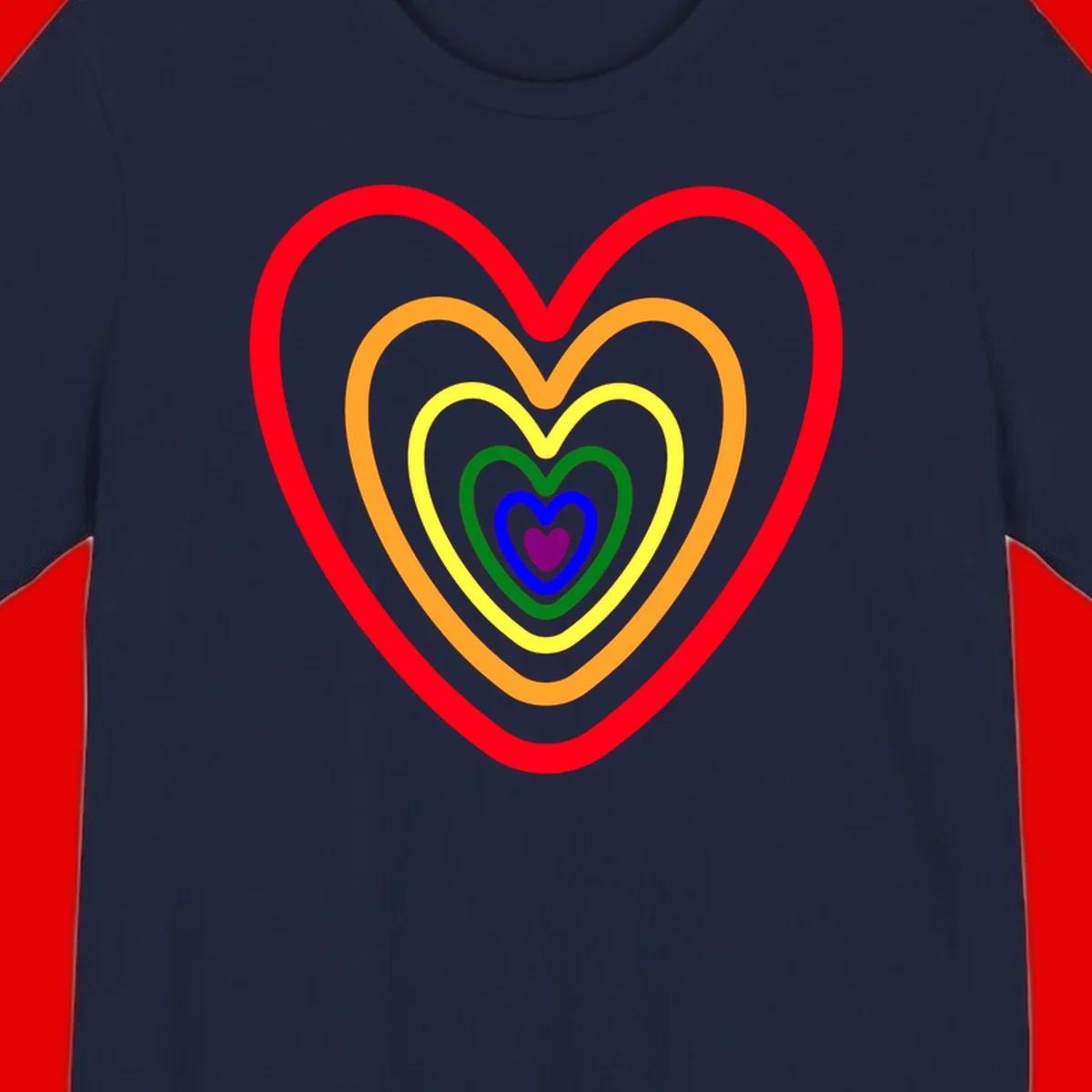 Five nested rainbow heart outlines in red, orange, yellow, green, blue, and purple with a solid purple center heart on gray background