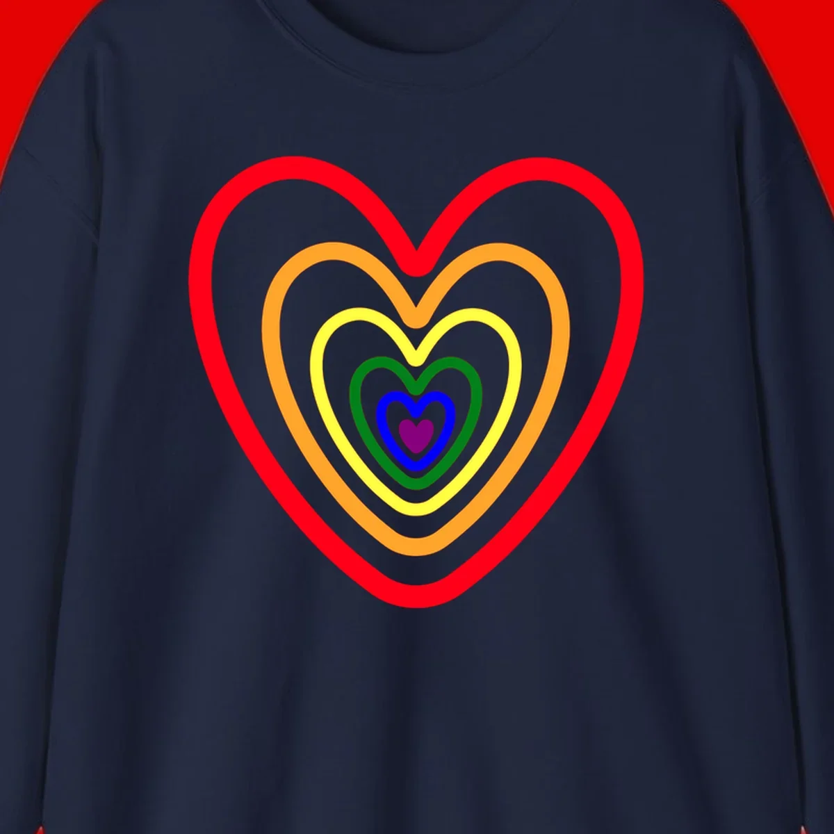 Five nested rainbow heart outlines in red, orange, yellow, green, blue, and purple with a solid purple center heart on gray background