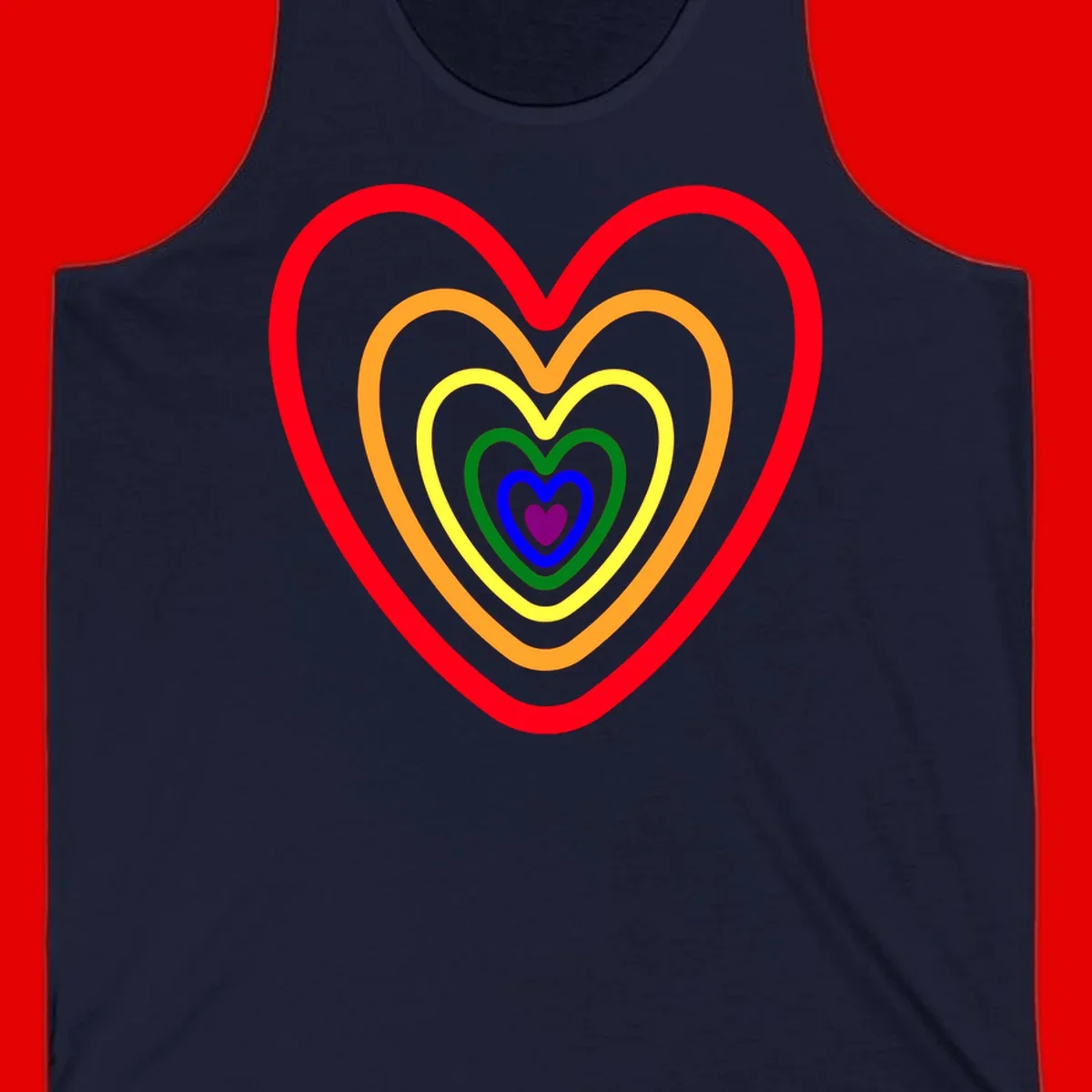 Five nested rainbow heart outlines in red, orange, yellow, green, blue, and purple with a solid purple center heart on gray background