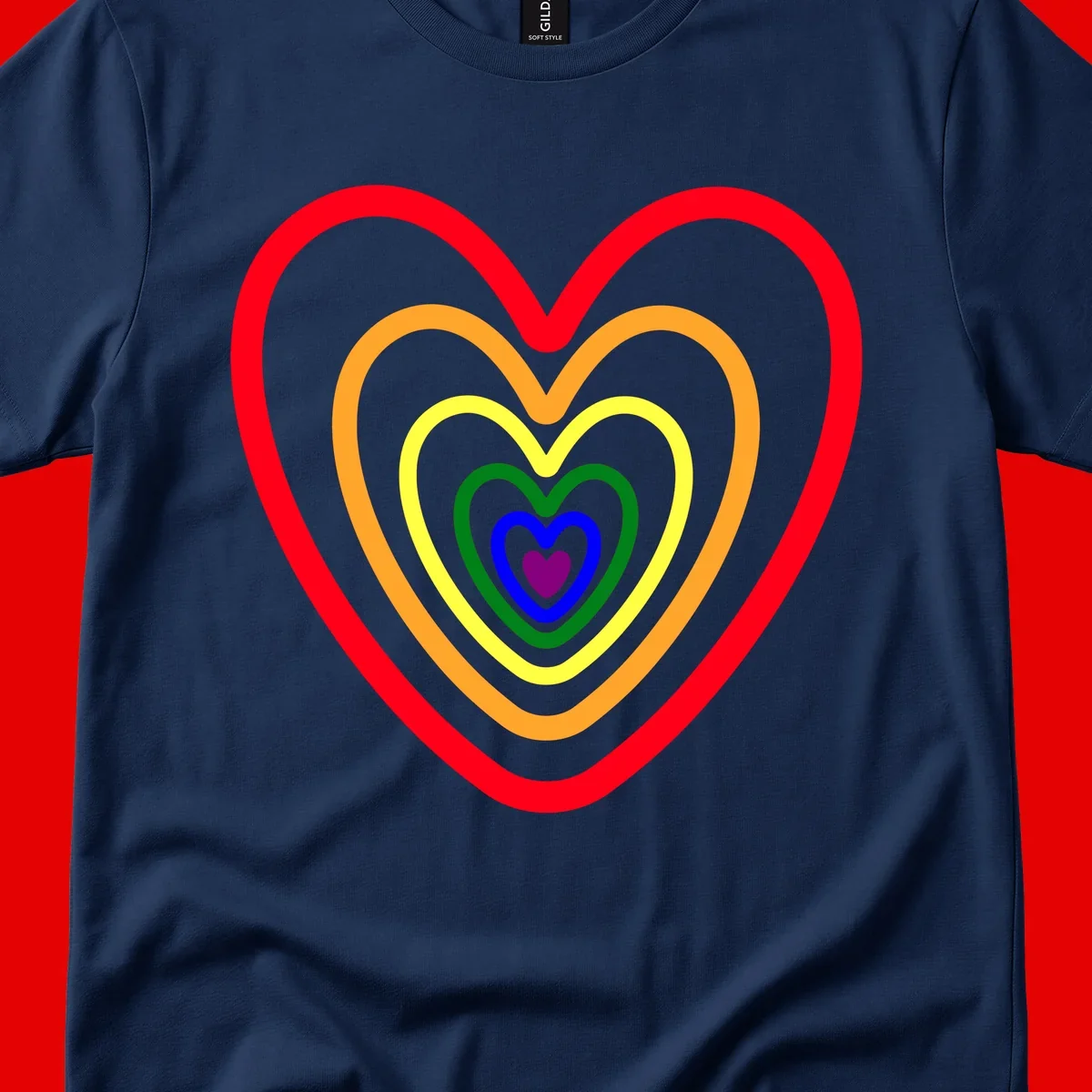 Five nested rainbow heart outlines in red, orange, yellow, green, blue, and purple with a solid purple center heart on gray background